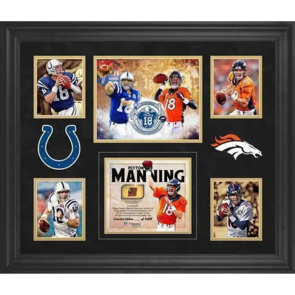 Peyton Manning Authentic Framed Football Collage with COA - Indianapolis Colts & Denver Broncos Retirement Memorabilia - Perfect for Sports Fans, Man Cave Decor, and Gift Ideas