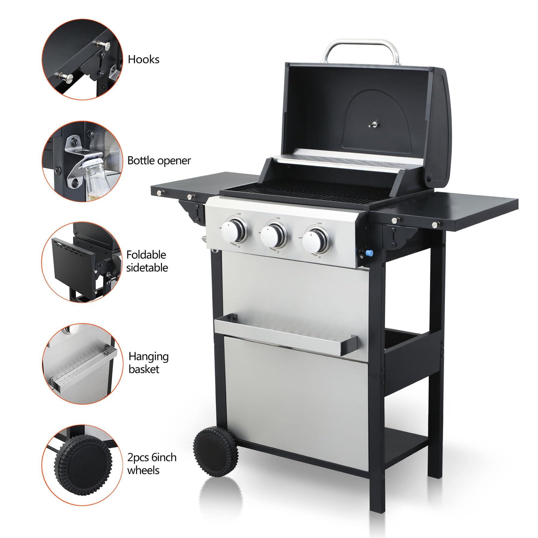 3 Burner Gas Grill with Lid & Griddle Combo - 25,650 BTU Stainless Steel Outdoor BBQ Grill with Wheels, Side Burner & Foldable Table | Perfect for Backyard Cookouts, Camping & Tailgating Parties