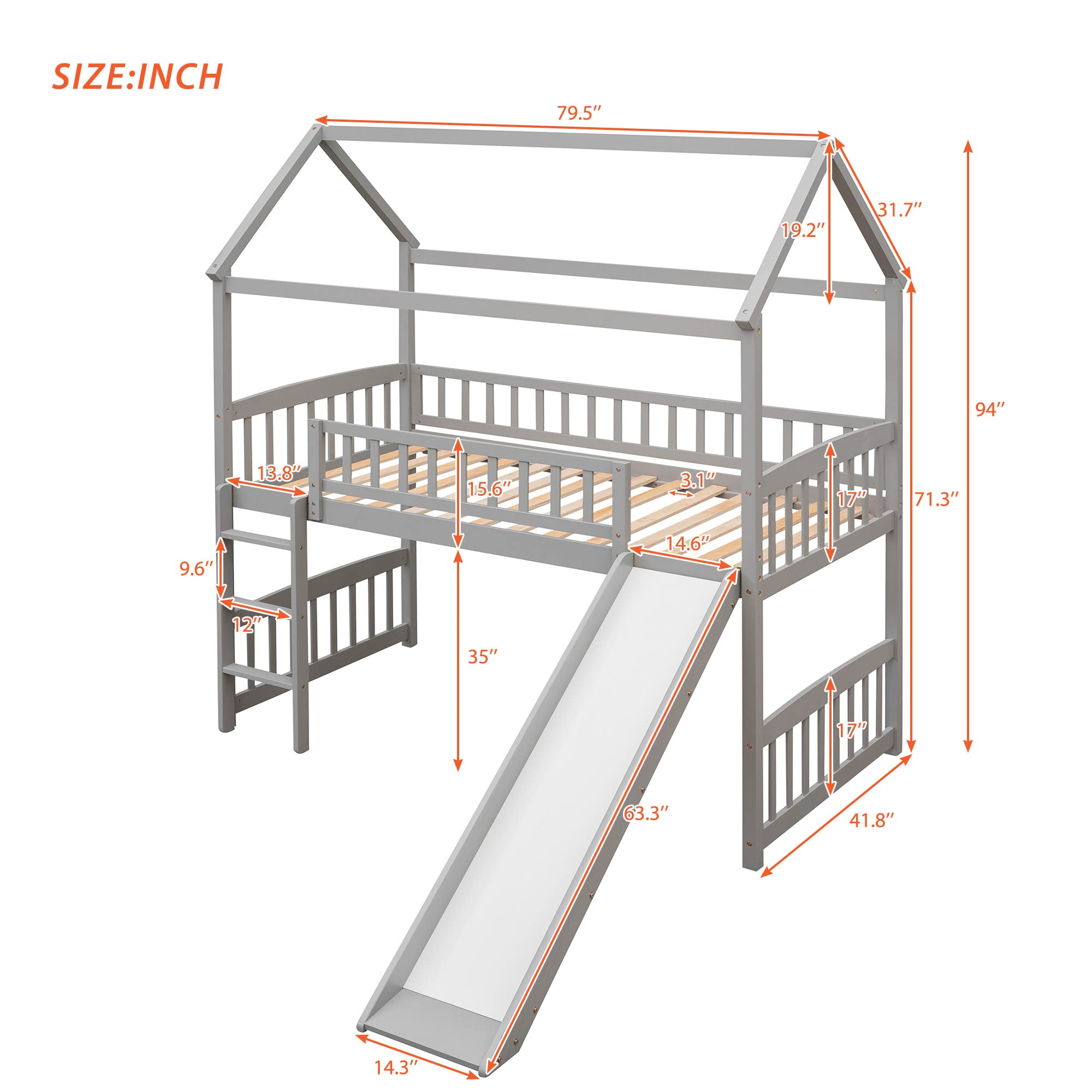 Bellemave Twin Loft Bed with Slide - Wooden House Style Bunk Bed with Roof for Kids & Toddlers - Space Saving Grey Loft Bed for Small Rooms - Perfect for Boys & Girls Bedroom, Playroom or Dorm