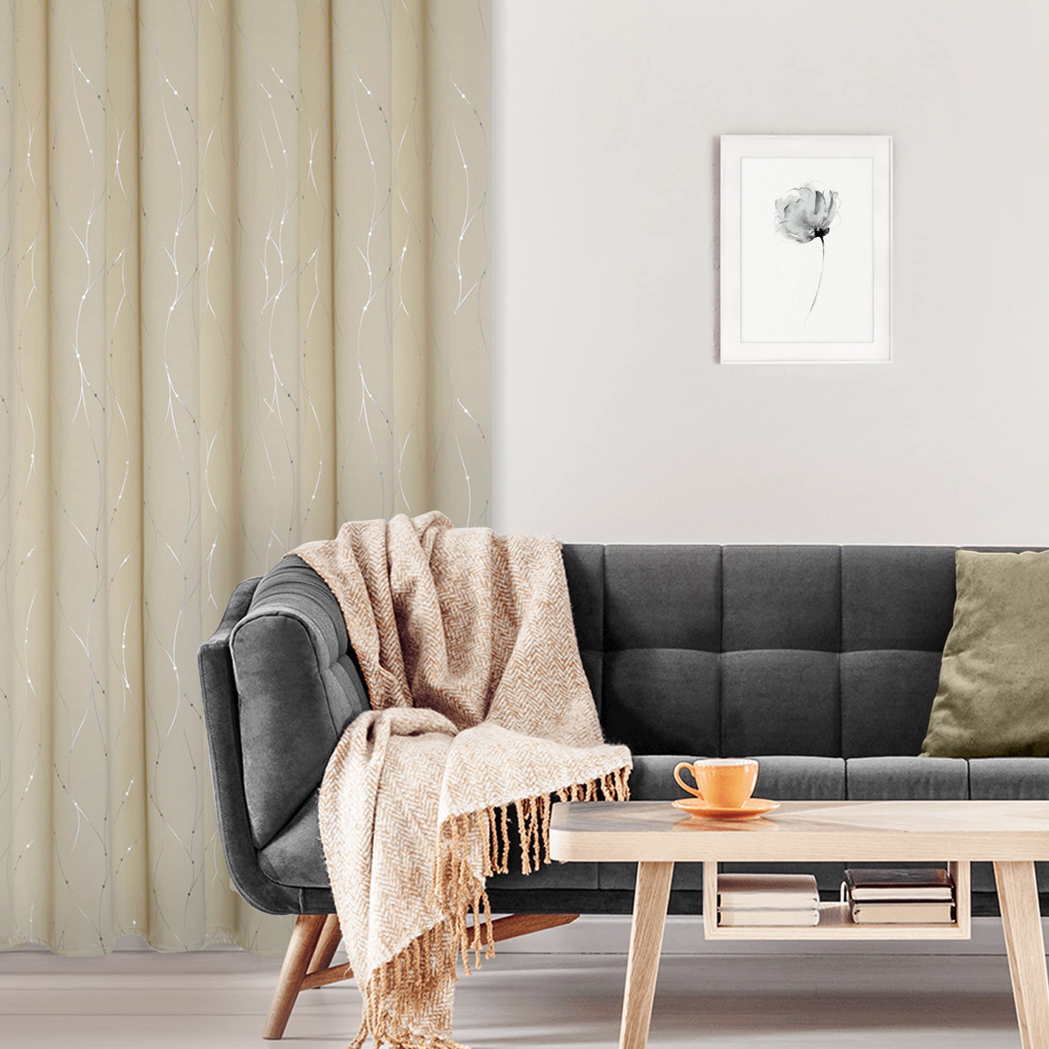 BUHUA Beige Blackout Curtains 84 Inch Length - Thermal Insulated Drapes with Silver Foil Print for Bedroom, 38 x 84 Inches, Set of 2 Panels - Perfect for Light Blocking, Privacy & Energy Efficiency in Living Room or Nursery