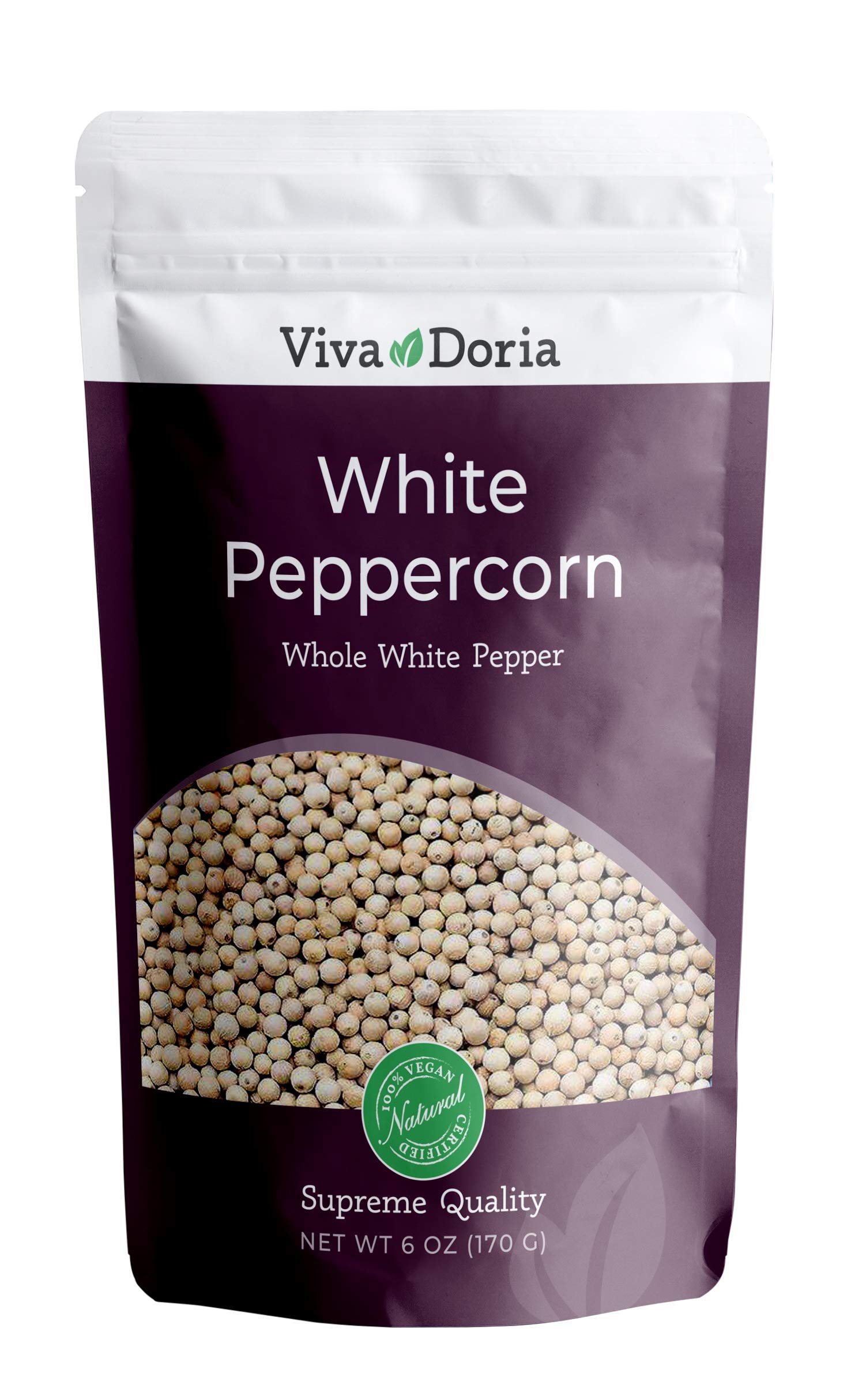 Premium Whole White Peppercorns by Viva Doria - 6oz Bulk Bag for Pepper Grinder Refill | Fresh & Aromatic Spice for Cooking, Baking & Gourmet Dishes