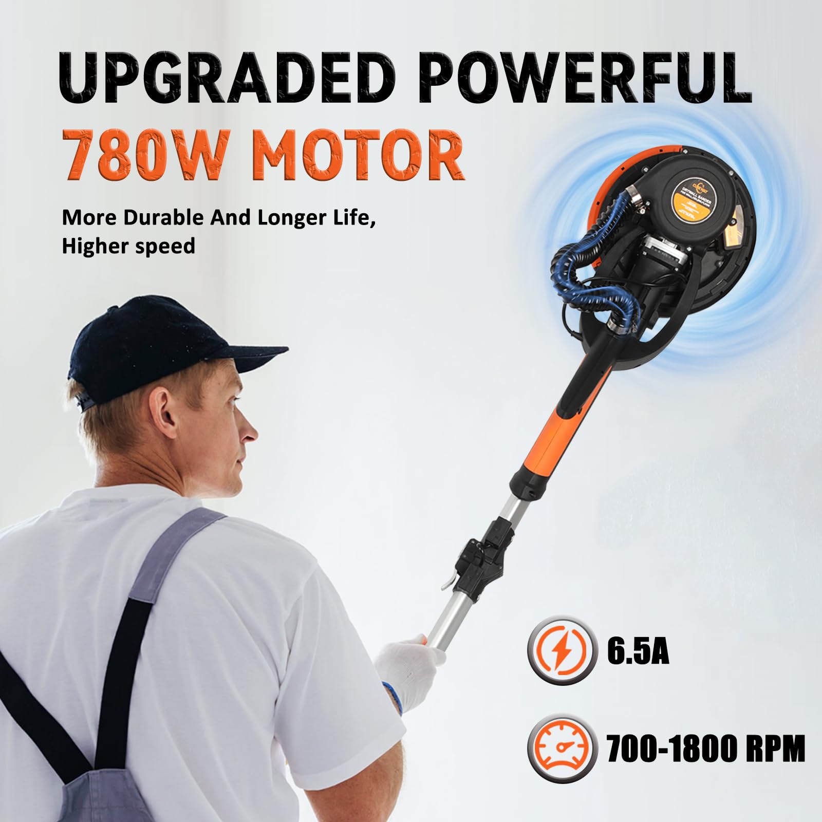 780W Electric Drywall Sander with Vacuum Dust Collection - 7-Speed Adjustable Power Sander for Walls, Ceilings & Floors - LED Light for Popcorn Ceiling Removal - Perfect for Home Renovation & Professional Construction Projects