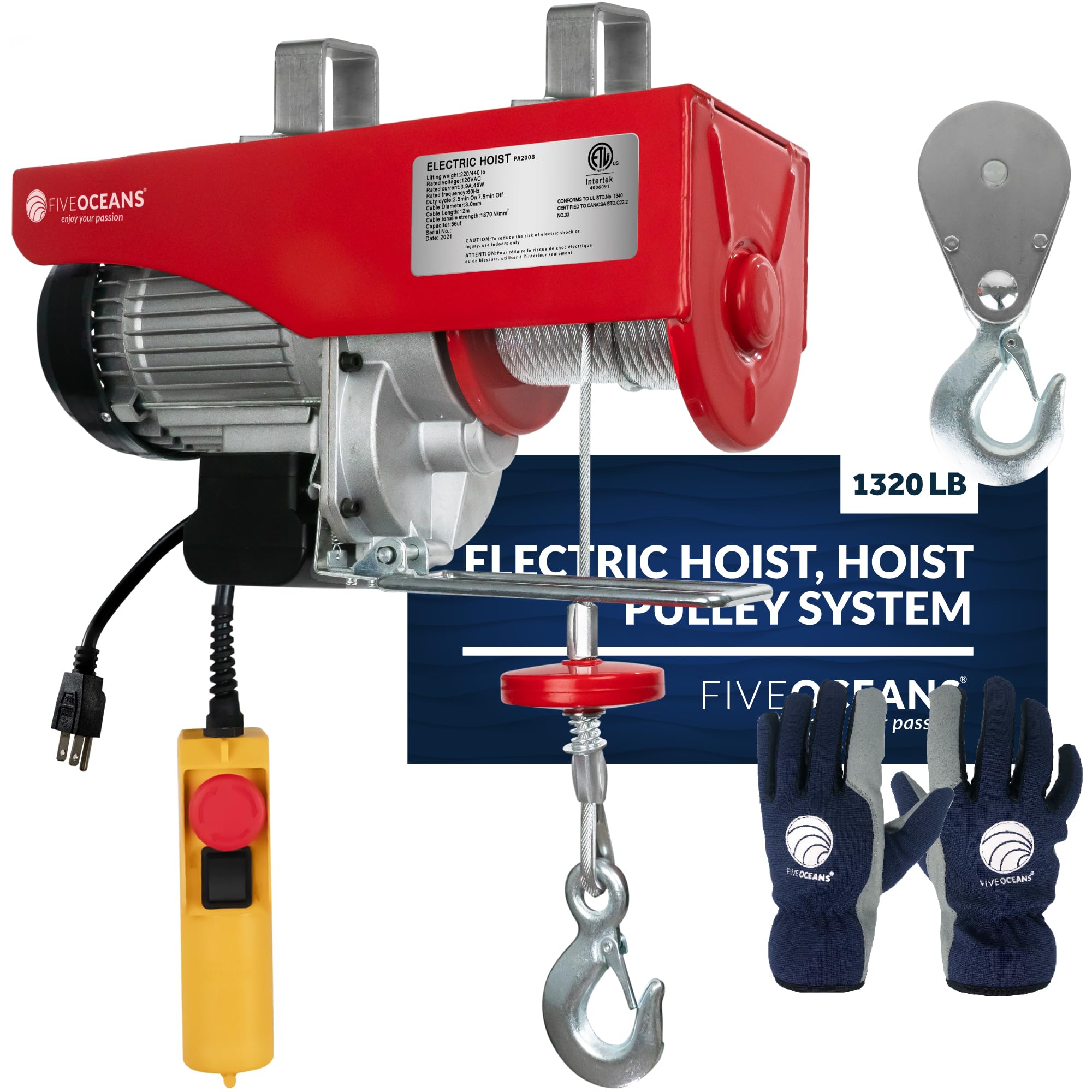 Five Oceans FO4016-C1 1320 Lbs Electric Overhead Hoist Lift Crane - Heavy Duty Garage Ceiling Pulley Winch with Zinc-Plated Steel Wire & 20FT Remote Control - Includes Working Gloves for Safe Lifting - Perfect for Garage, Workshop, and Industrial Use