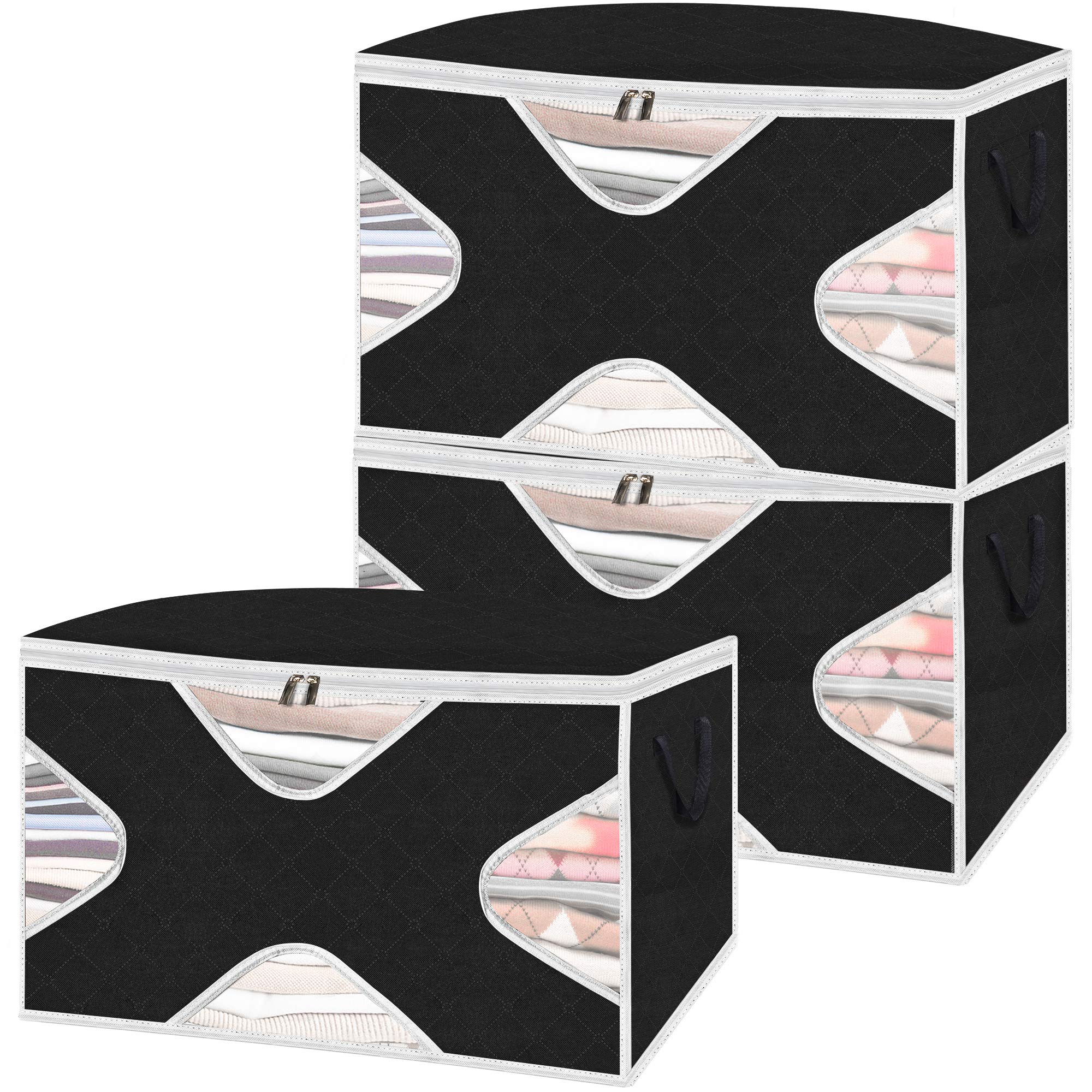 ULG 90L Large Capacity Clothes Storage Bags - Heavy Duty Fabric with Reinforced Handles & Sturdy Zipper - Clear Window Organizers for Clothes, Bedding, Blankets (3-Pack, Black) - Perfect for Home Organization, Seasonal Storage & Travel