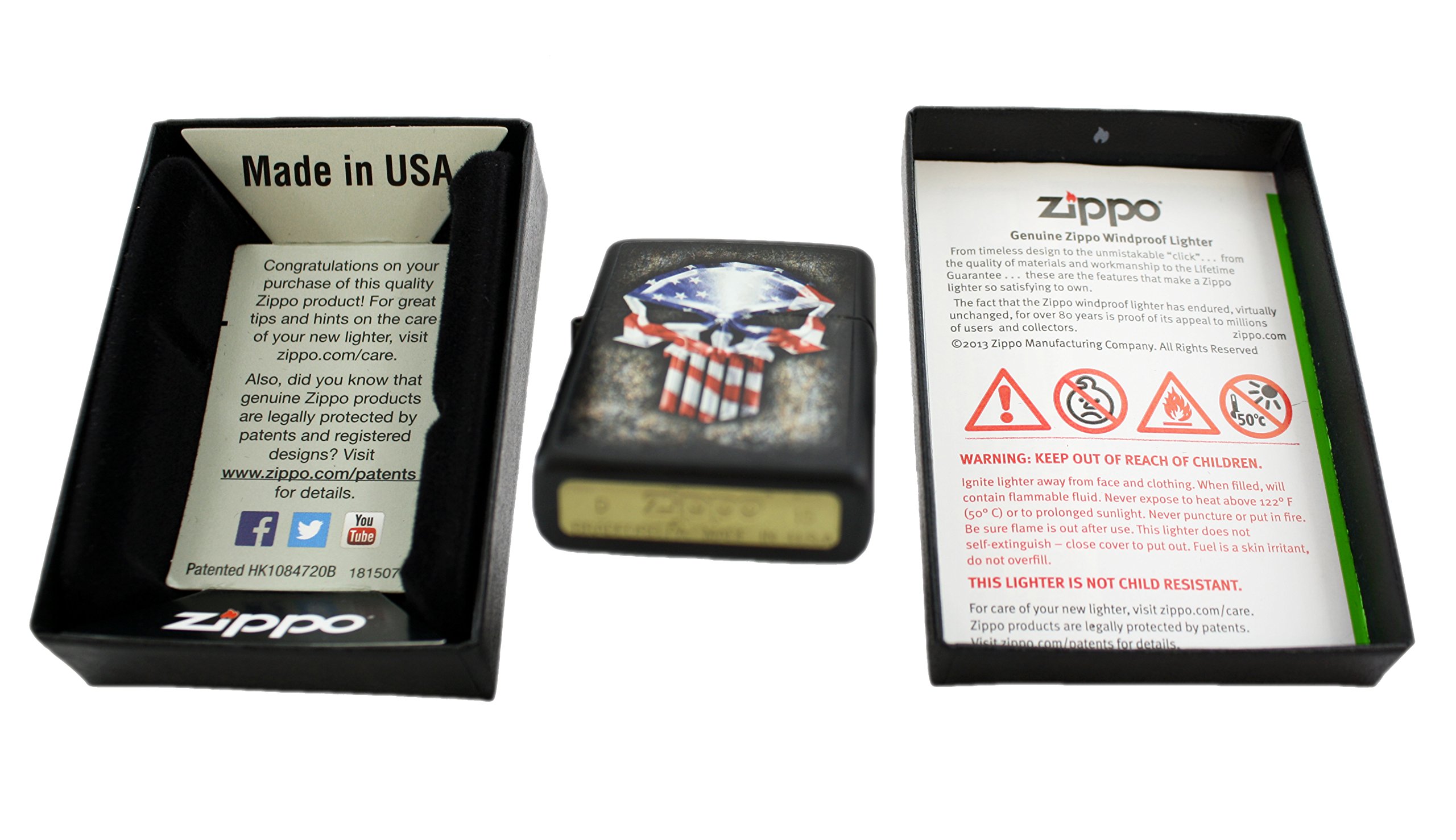 Zippo Custom American Flag Punisher Skull Lighter - Matte Black Windproof Refillable Lighter for Outdoor Camping, Hiking & Survival Gear