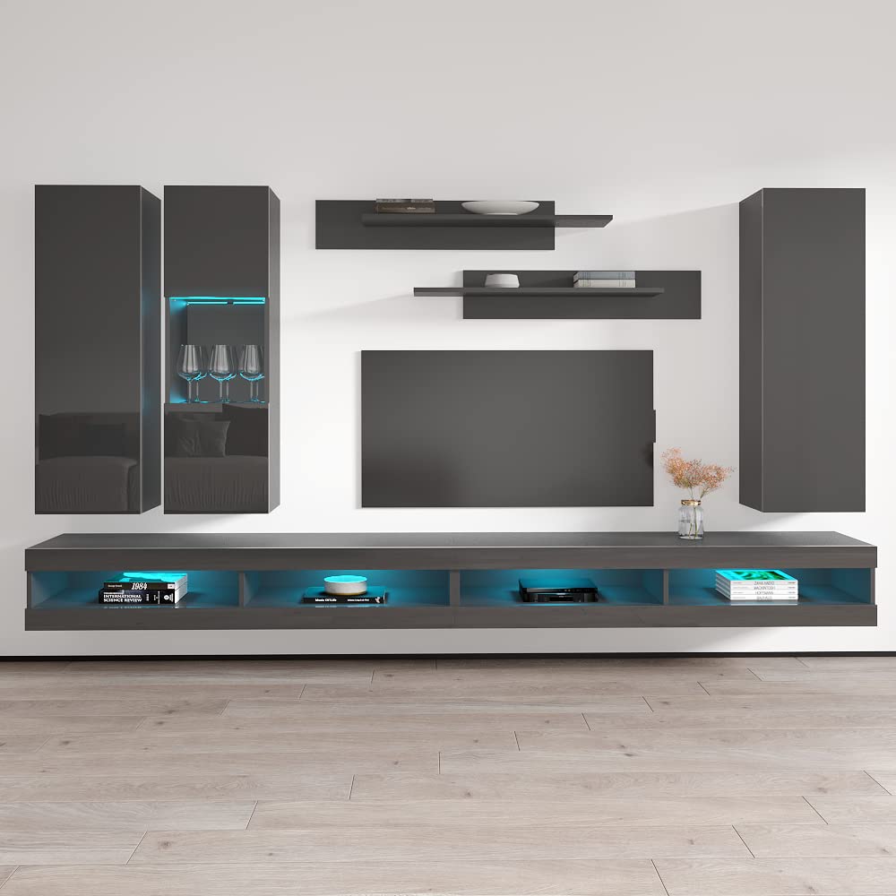 Modern Gray Wall-Mounted TV Stand with Storage Shelves & LED Lights - Fly E 34 Entertainment Center Console for Bedroom & Living Room - Space-Saving Media Storage Solution for Flat Screen TVs (EF5 Model) - Perfect for Small Apartments & Modern Home Decor