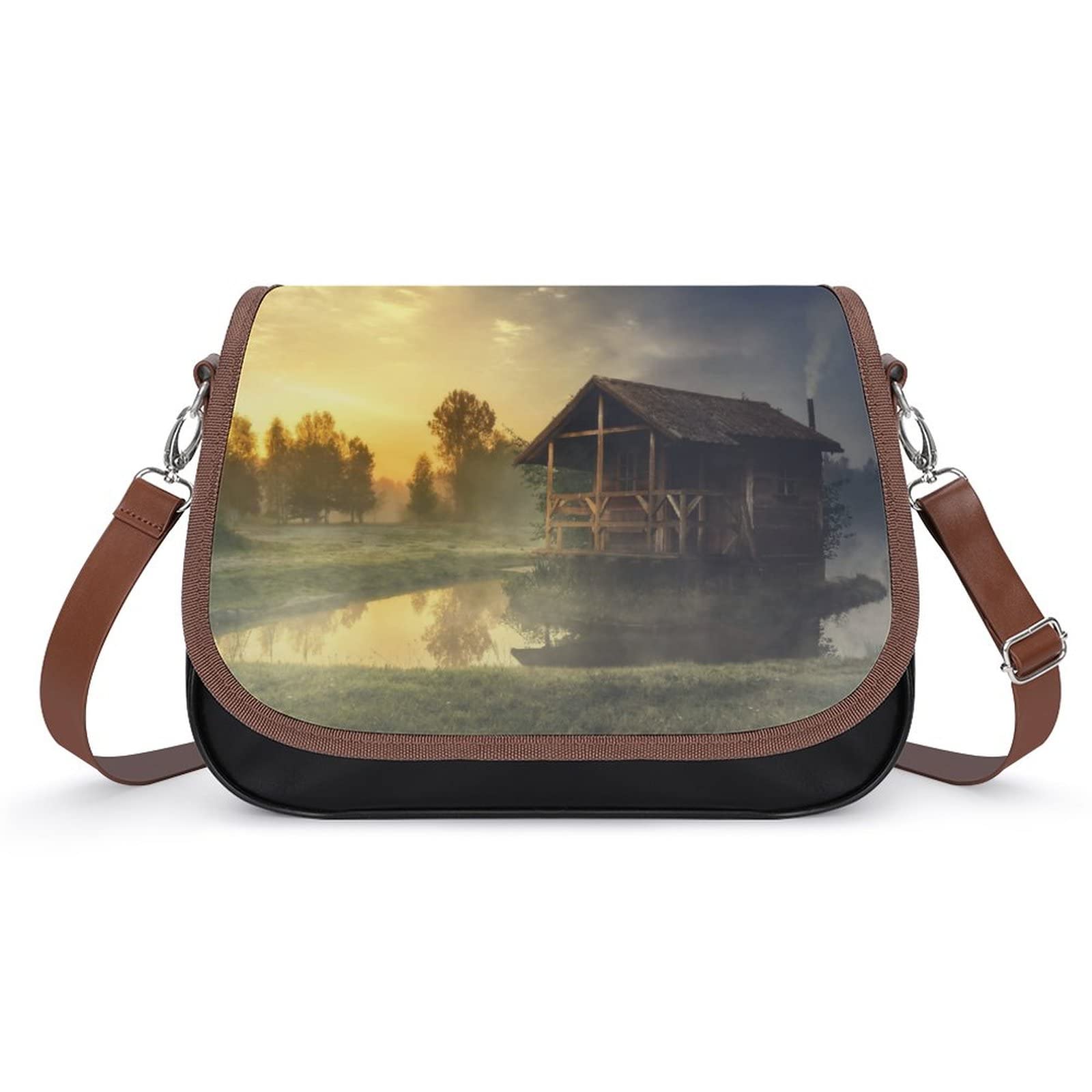 Stylish Women's Leather Crossbody Bag - Printed Casual Shoulder Messenger Purse for Daily Use, Travel & Work | Cabin Morning Lake Design