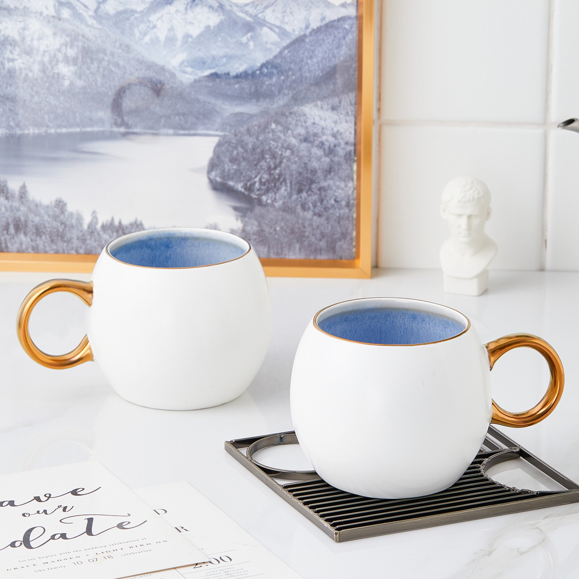 Josephine Porcelain Coffee Mug - Elegant Blue Ceramic Tea Cup with Handle - Perfect for Home, Office & Gifts