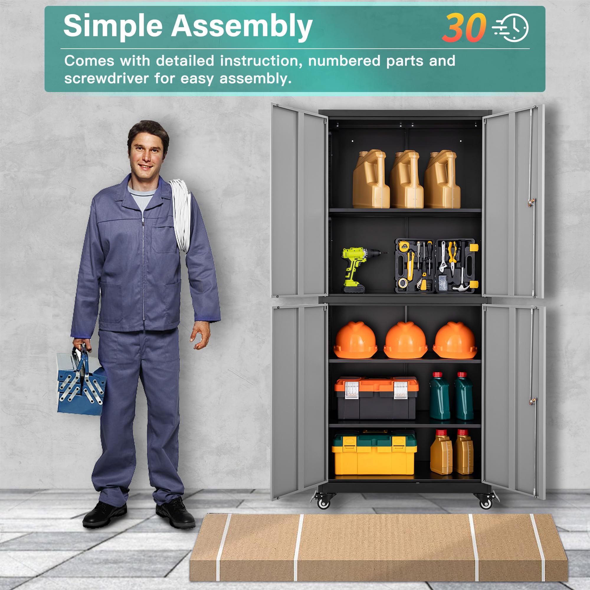 Heavy-Duty Rolling Metal Storage Cabinet with Lock & Wheels - Gray Lockable Garage Cabinet with Adjustable Shelves for Tools, Home, Office & Workshop Organization | Ideal for Garage Storage, Workshop Tool Organization & Home Office Supplies