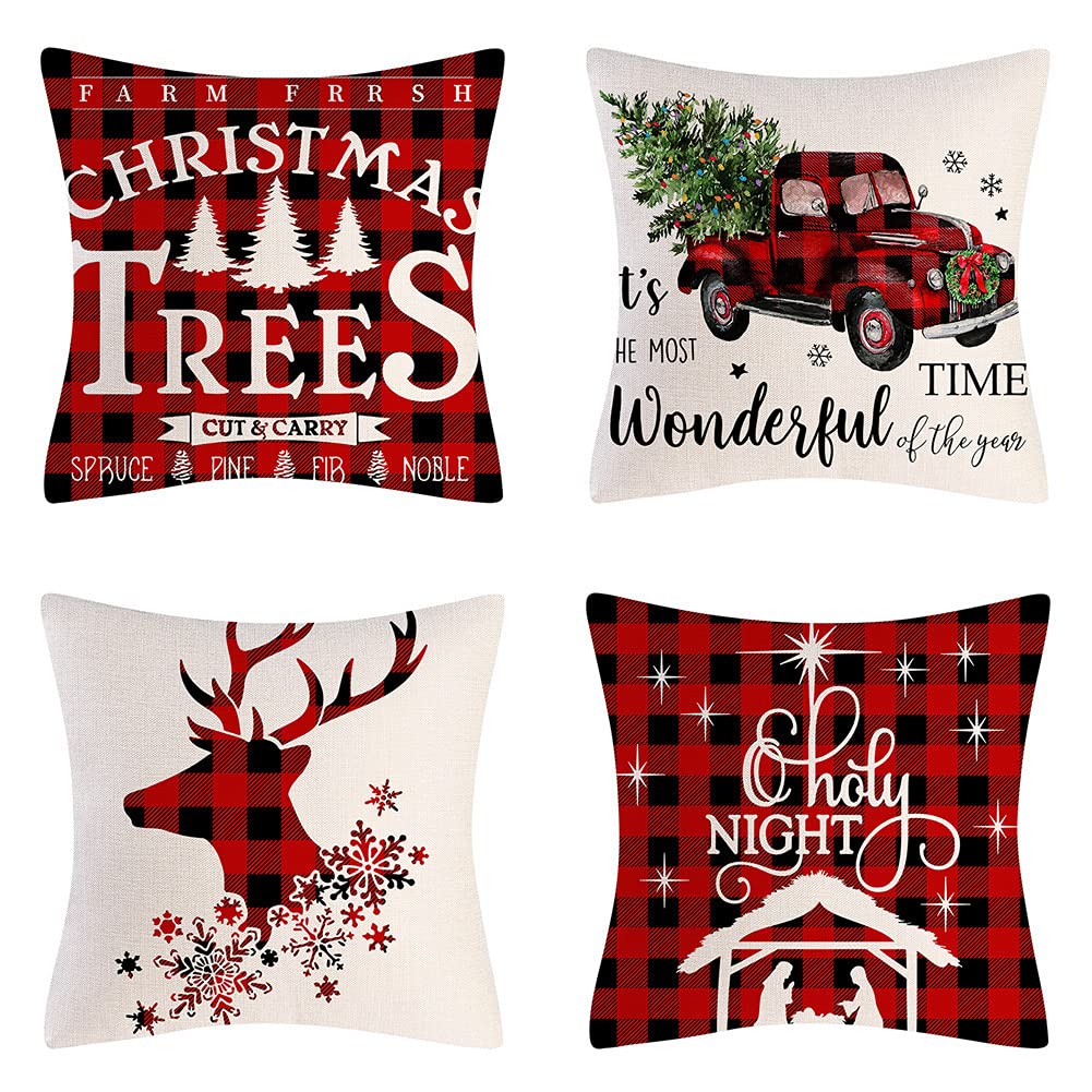 30 Styles Christmas Pillow Covers 18×18 Inch Set of 4 - Farmhouse Holiday Decor, Rustic Linen Throw Pillow Cases for Sofa, Couch & Home - Perfect for Christmas, Winter Decorations and Cozy Living Room Accents