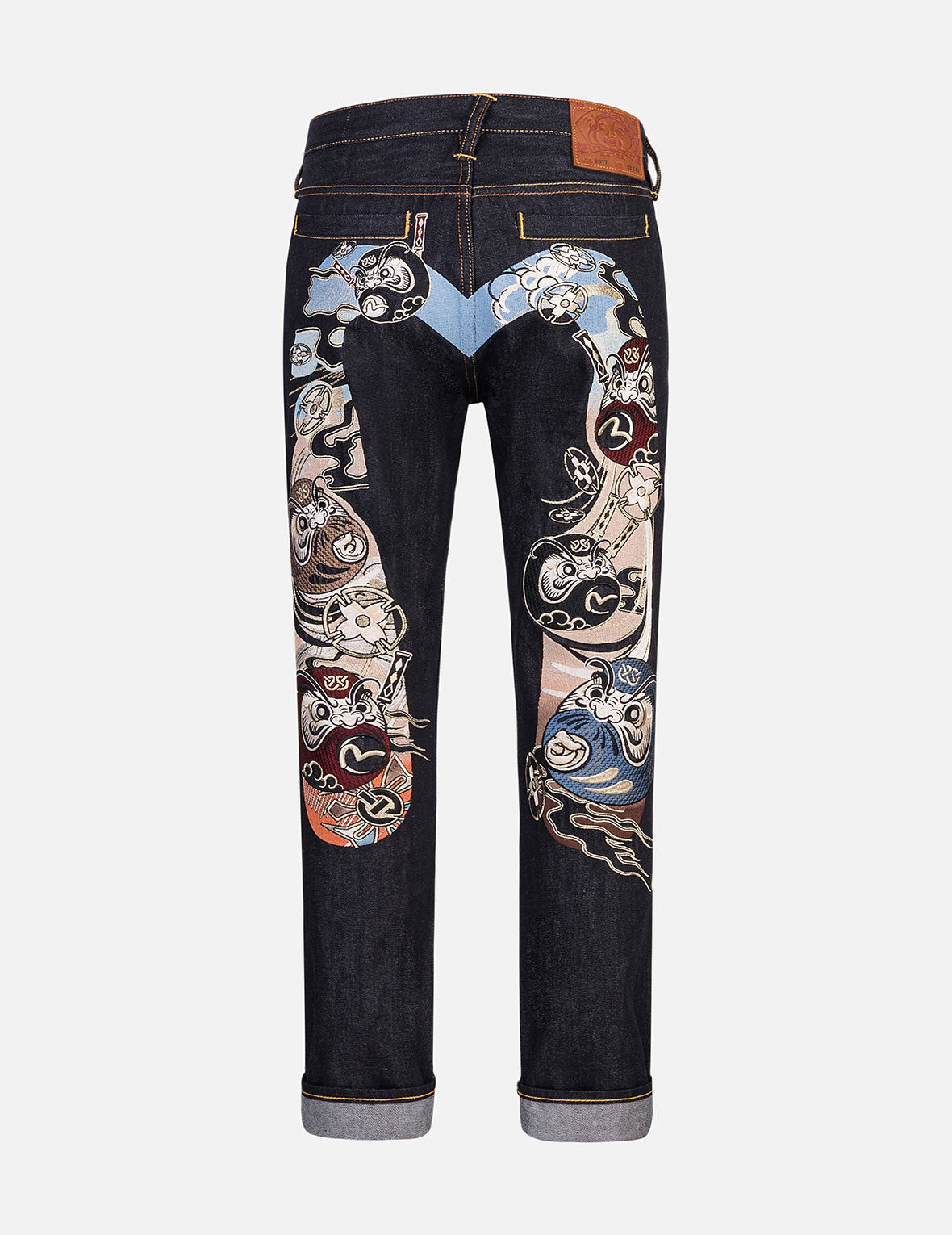 Ninja Daruma Daicock Embroidered Carrot Fit Jeans for Men - Trendy Slim Tapered Denim Pants with Unique Japanese Design, Perfect for Casual Wear, Street Style and Urban Fashion #2017