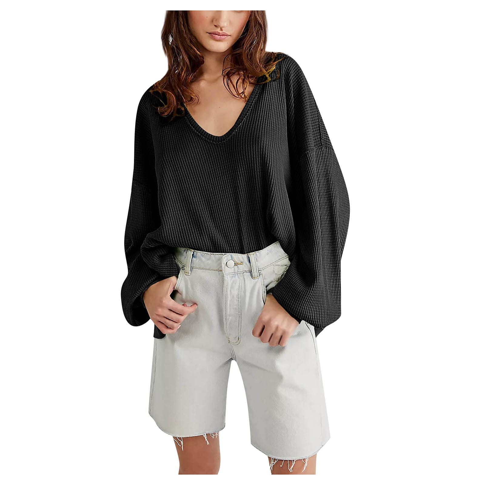 Women's Fall Waffle Knit Tunic Top - Deep V Neck, Oversized Pullover with Side Split & Long Sleeves | Slim Fit Casual Shirt for Autumn Layering, Workwear & Weekend Outfits