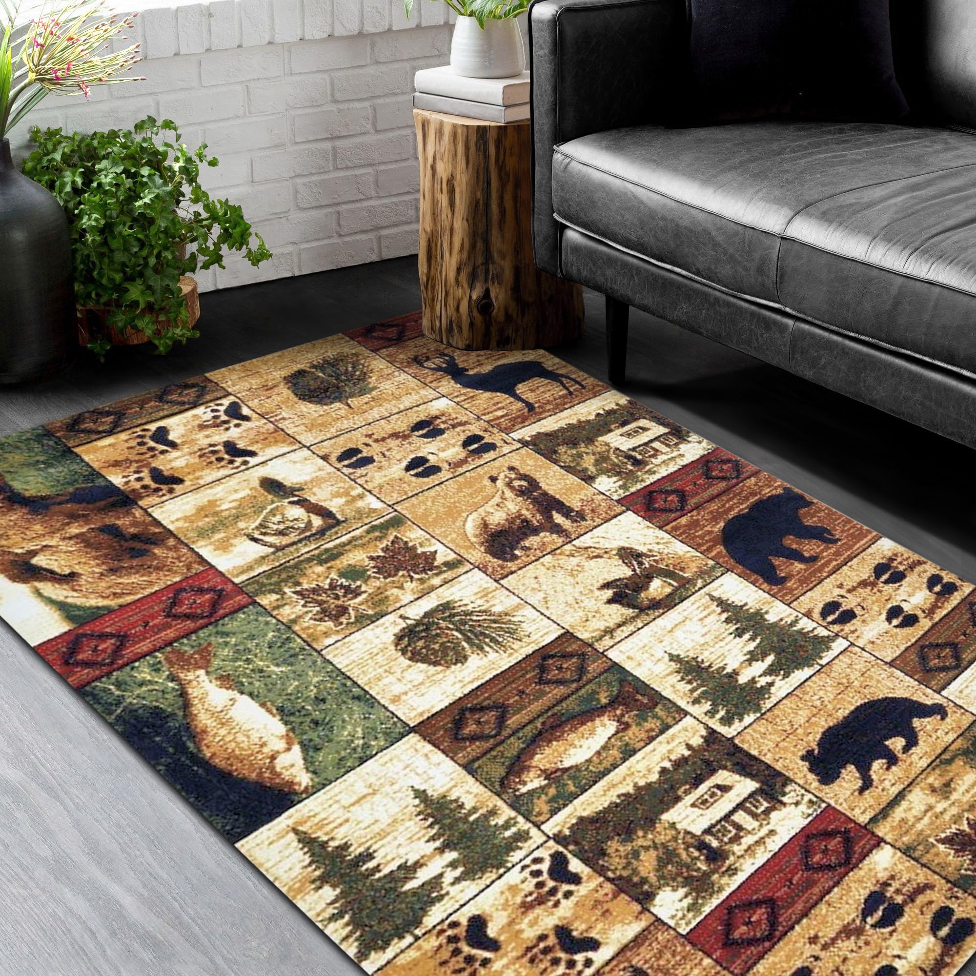 HR-Cabin Rug – Lodge & Cabin Nature Animal Print Area Rug – Modern Geometric Pattern Rug for Living Room, Bedroom (7’6” x 10’5”) – Perfect for Rustic Cabins, Farmhouse Decor & Cozy Home Interiors