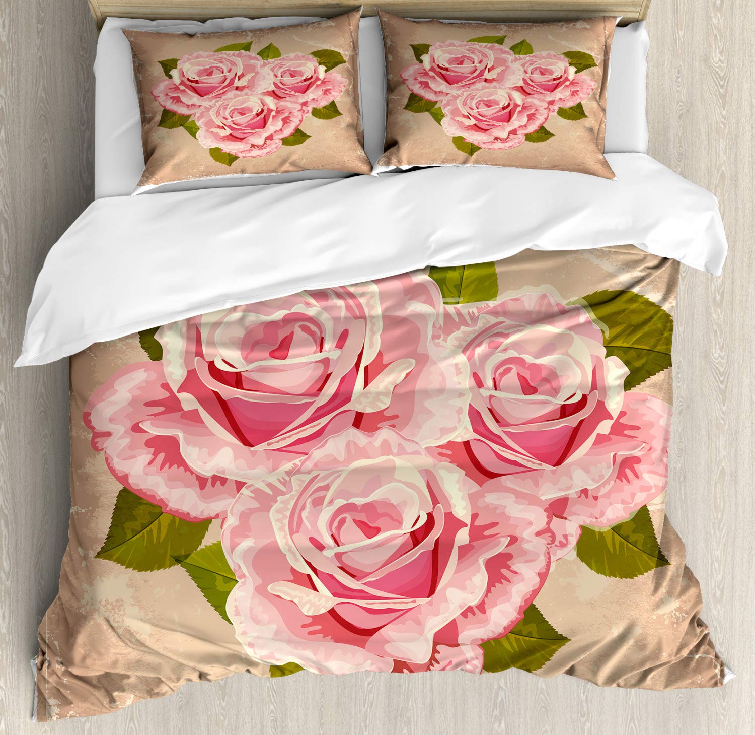 Ambesonne Rose Duvet Cover Set - Pink Floral Bouquet Retro Design 3-Piece Bedding Set with 2 Pillow Shams, California King Size, Nature Inspired Romantic Theme in Tan Pale Pink & Green | Perfect for Master Bedroom, Guest Room, or Bohemian Home Decor