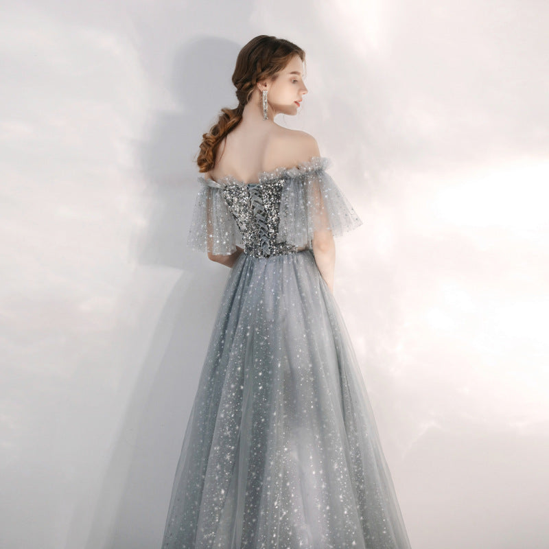 Elegant Off Shoulder Shiny Tulle Prom Dress - A-Line Long Formal Evening Gown for Homecoming, Quinceañera & Special Occasions | Style 674