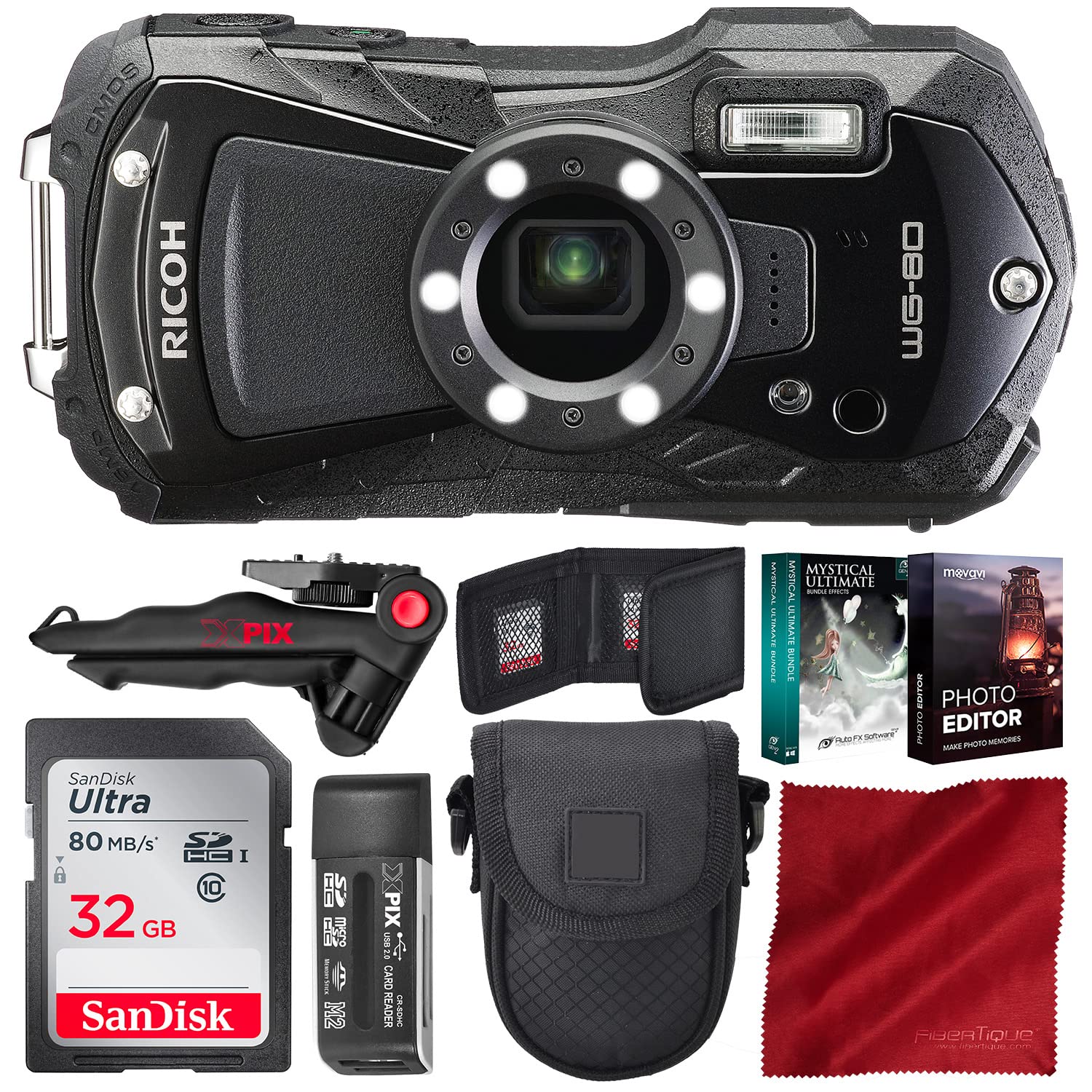 Ricoh WG-80 Waterproof Digital Camera 16MP 5x Optical Zoom - Shockproof, Freezeproof, Crushproof Action Camera for Outdoor Adventures, Snorkeling, Hiking & Travel with 32GB Card, Tripod & Accessories Bundle