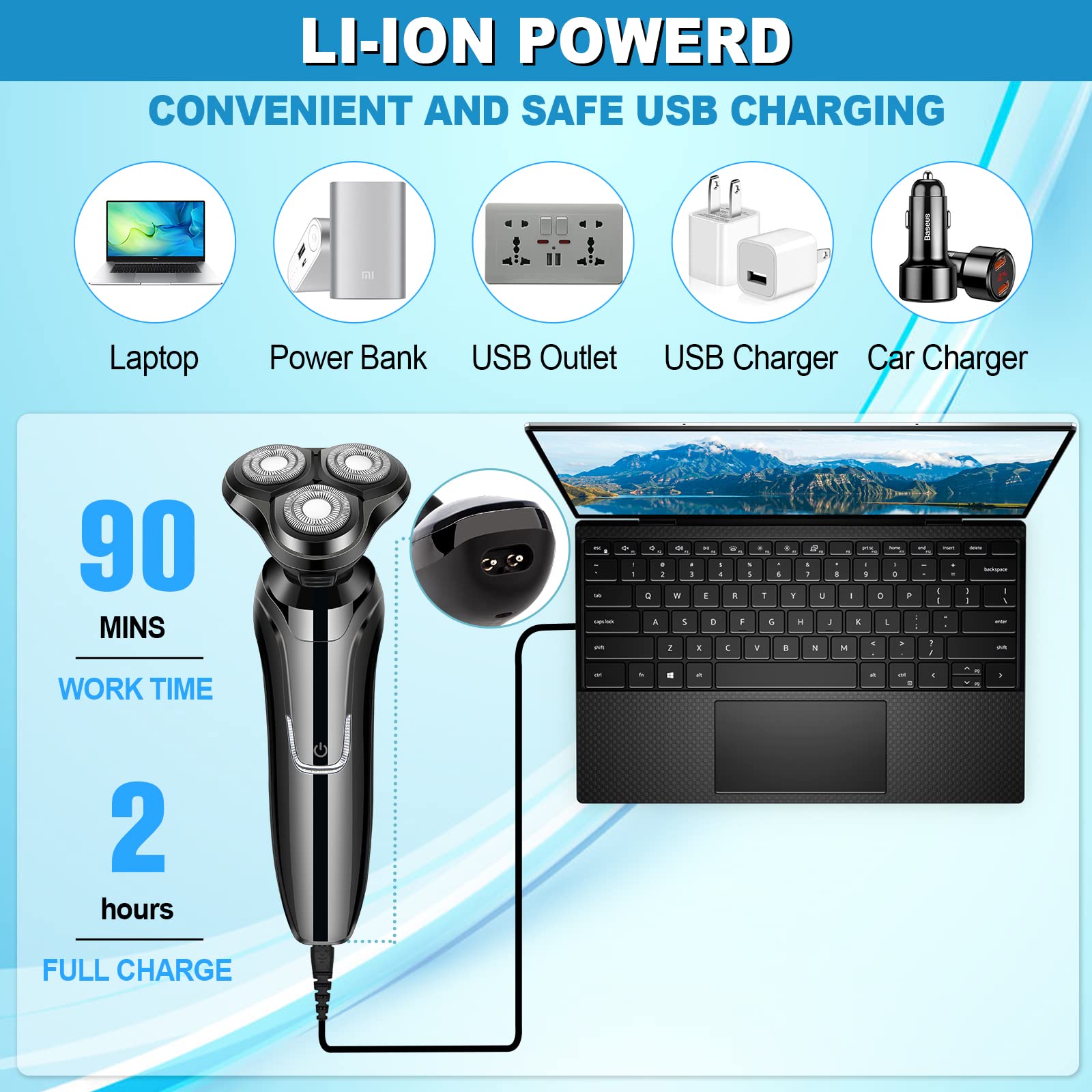 Premium Men's Electric Razor - 3D Rotary Shaver for Dry & Wet Use, USB Rechargeable Cordless Face Shaver - Perfect for Travel & Daily Grooming - Ideal Christmas Gift for Men (Blue)
