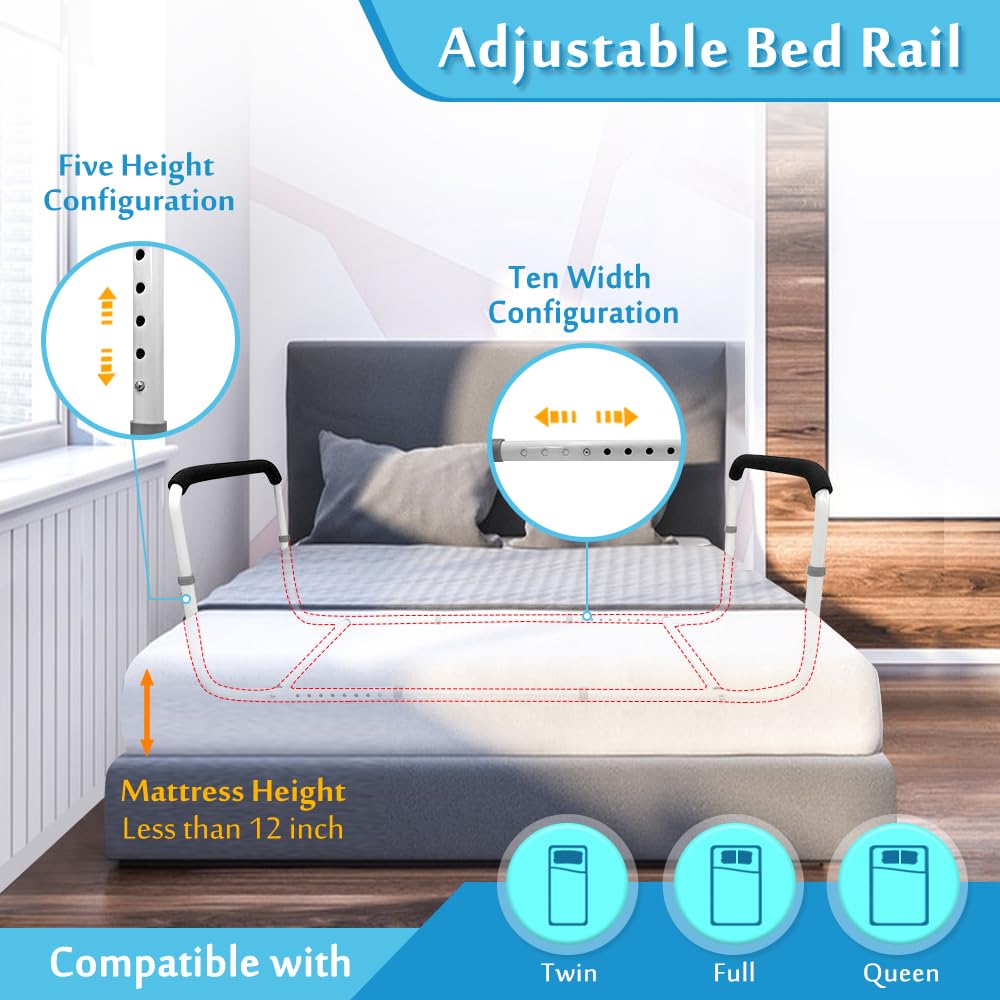 Adjustable Double Bed Rail U Bar for Medical & Home Use - Safety Assist Rail for Elderly Adults - Under Mattress Handrail Support - Fits Twin, Full & Queen Beds - Hospital & Senior Care Bed Guard (Ideal for Fall Prevention & Patient Safety)