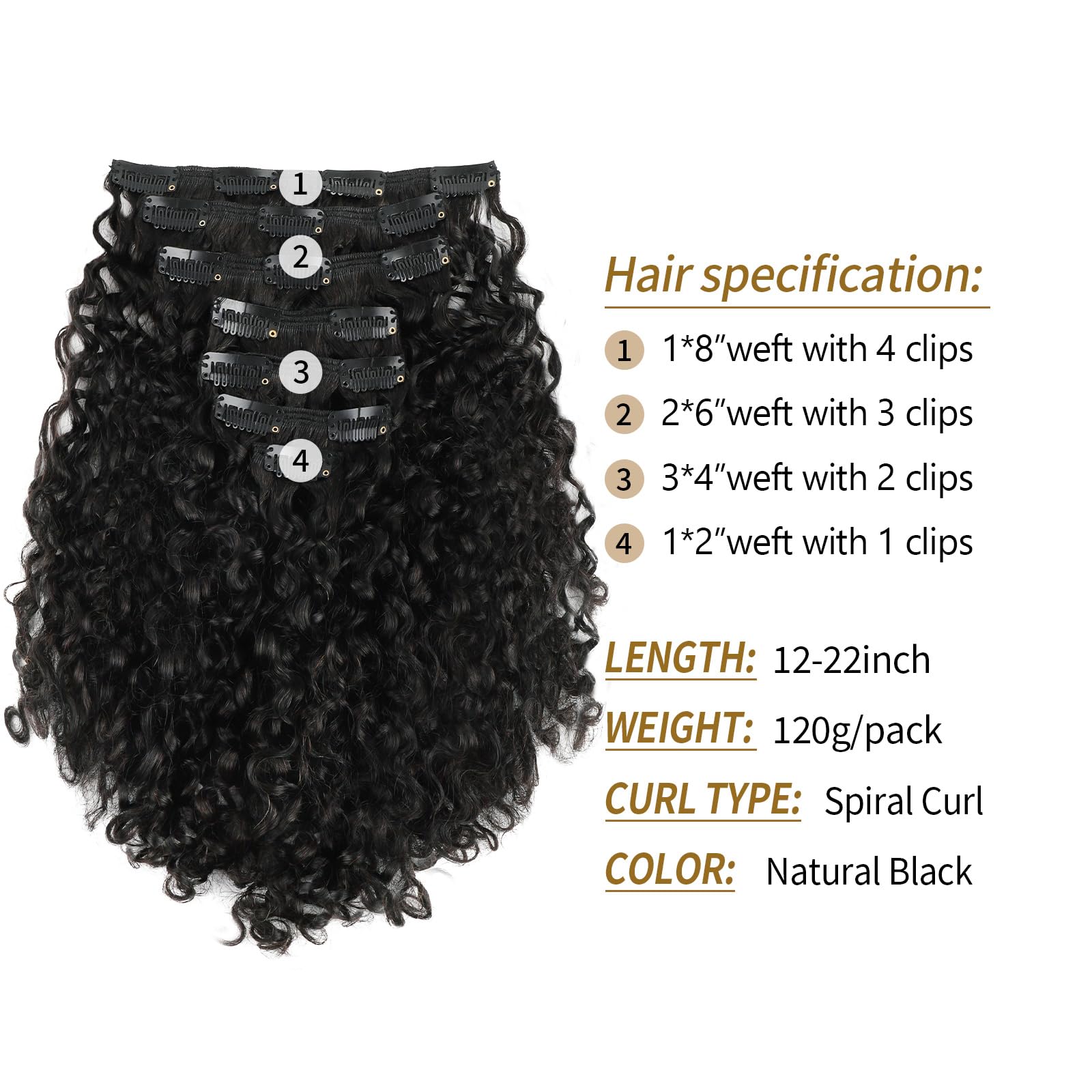 ABH AMAZINGBEAUTY 22 Inch Curly Clip-in Hair Extensions for Black Women - 7Pcs 120G Spiral Curl Human Hair Extensions with Double Weft, Natural Black Virgin Hair - Perfect for Parties, Weddings & Everyday Styling