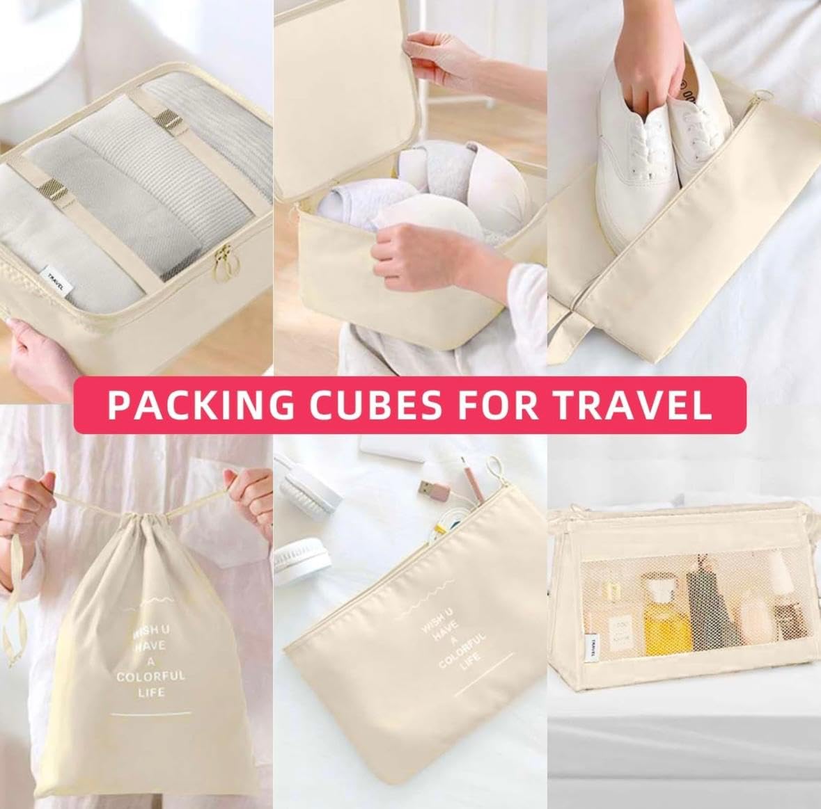 9-Piece Packing Cubes Set for Suitcases - Aydicon Travel Luggage Organizer with Laundry Bag, Toiletry Bag, Shoe Storage & Compression Bags - Perfect for Business Trips, Vacations & Weekend Getaways (Cream)