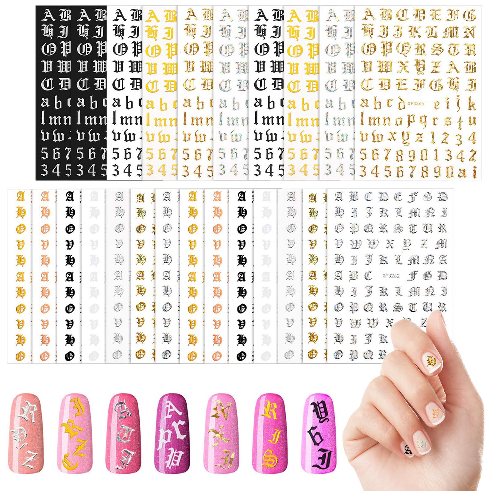 Maitys 24 Sheets Old English Holographic Letter Stickers - DIY Nail Art Decals for Women, Girls | Perfect for Nail Salon, Home Manicure, Party Nail Decorations