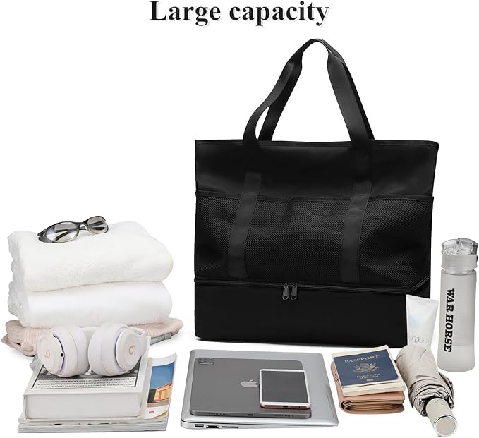 HirTa Loop Tote Hobo Bag for Women - Stylish Durable Shoulder Bag with Multiple Pockets for Office, Work, Beach, Pool, Swimming & Travel | Charcoal Black