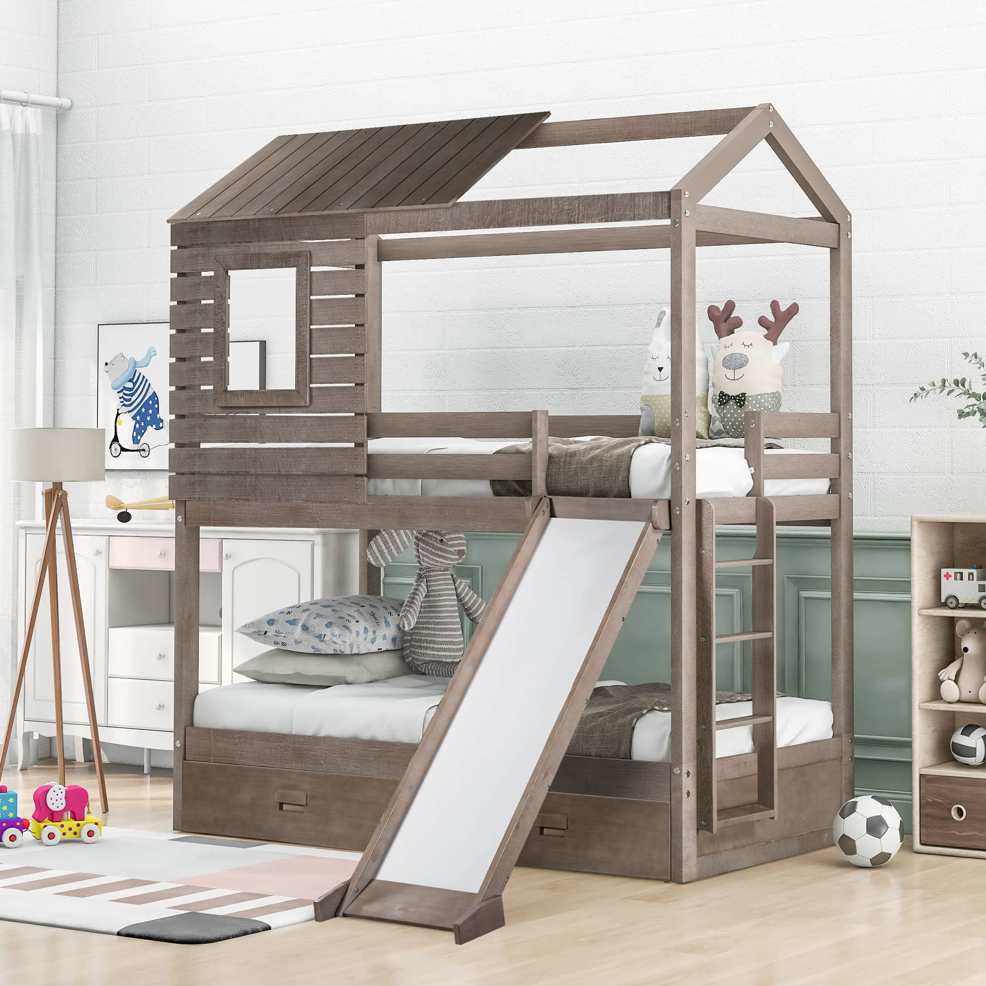 Wooden Bunk Bed with Twin Size Storage Drawers & Slide - House-Shaped Kids Bed Frame with Slat Support, No Box Spring Needed - Easy Assembly for Children's Bedroom, Playroom or Sleepover Fun