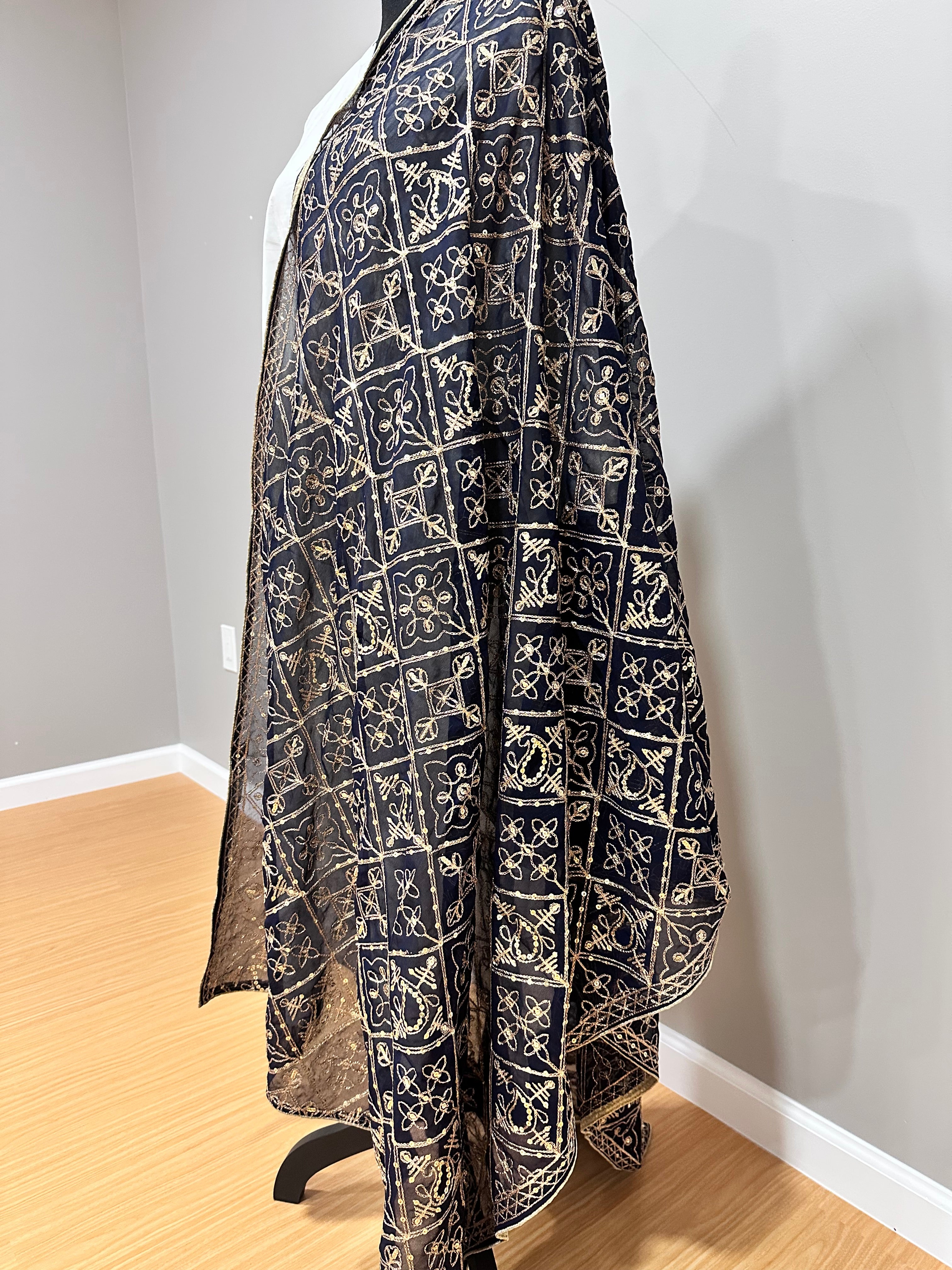 Elegant Black and Gold Embroidered Dupatta Scarf - Perfect for Weddings, Parties & Festive Occasions