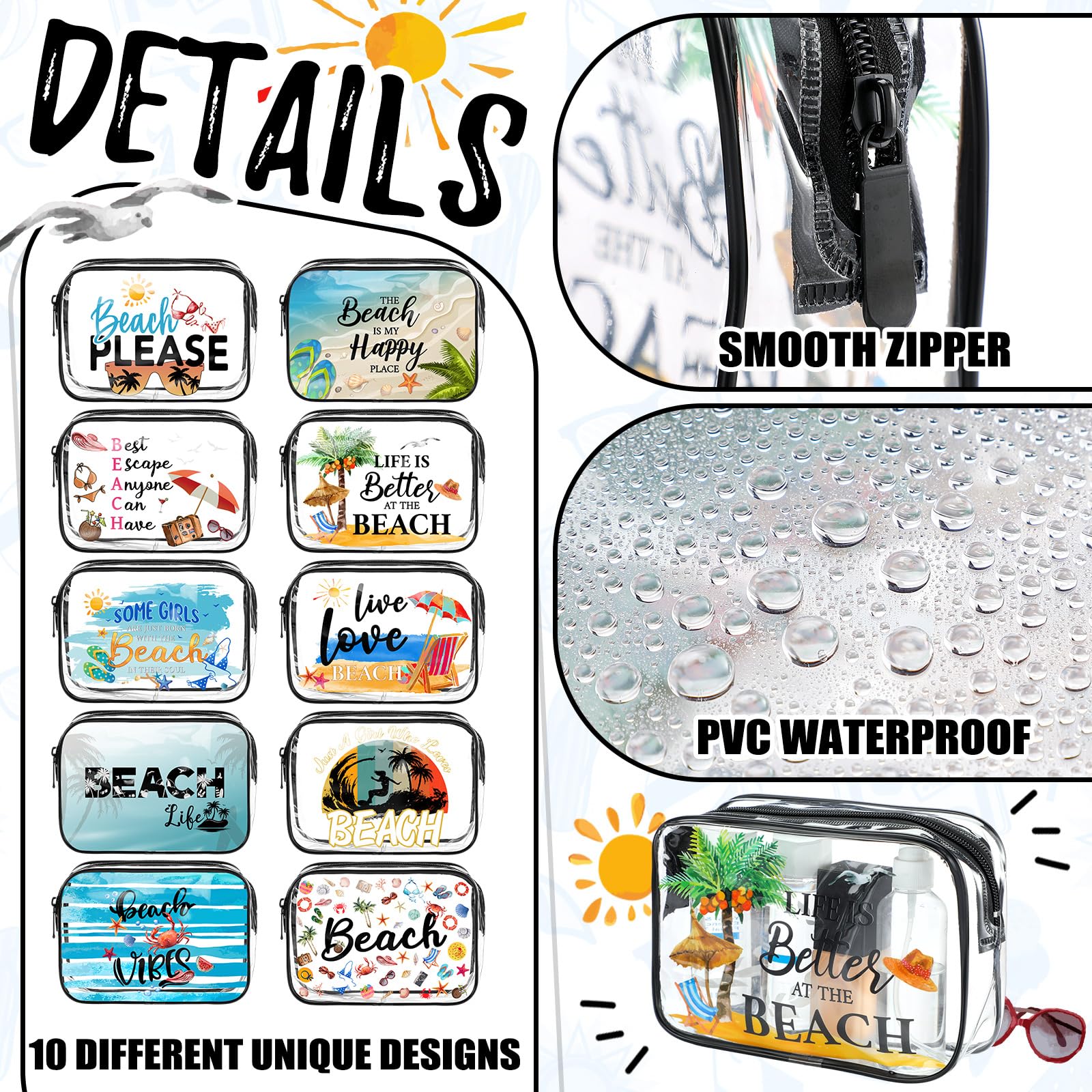 10 Pack Clear Makeup Bags for Women - Waterproof Travel Toiletry Organizer, Beach Cosmetic Pouch Set - Perfect Gift for Friends, Sisters & Nurses - Great for Vacation, Beach Trips & Daily Organization