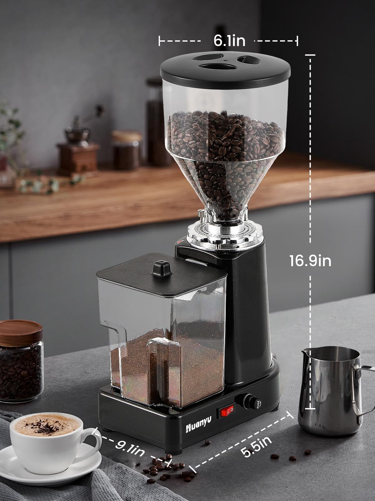 Premium Huanyu Electric Flat Burr Coffee Grinder - 19 Adjustable Grind Settings, 35oz Large Capacity for Fresh Beans - Perfect for Home Baristas & Coffee Shops (Black) | Ideal for Espresso, French Press & Cold Brew Preparation