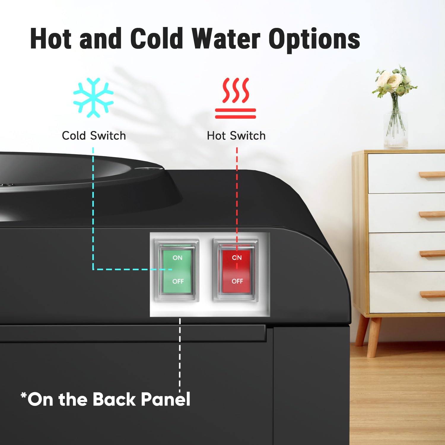 PUREPLUS Top Loading Water Cooler Dispenser with Hot & Cold Water - 3 Temperature Settings, Child Safety Lock for Home & Office - Countertop Water Fountain for 3/5 Gallon Bottles, Removable Drip Tray - Perfect for Kitchen, Break Room, Dorm & Office Hydration