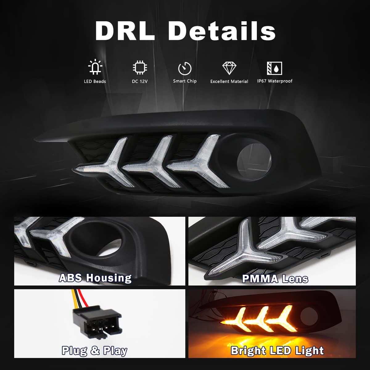 2016-2018 Honda Civic 10th Gen Sedan LED Daytime Running Lights with Amber Turn Signal - 3 Color DRL Fog Lights (Fish Bone Style) | Upgrade Your Ride for Enhanced Visibility & Style | Perfect for Night Driving & Custom Car Mods