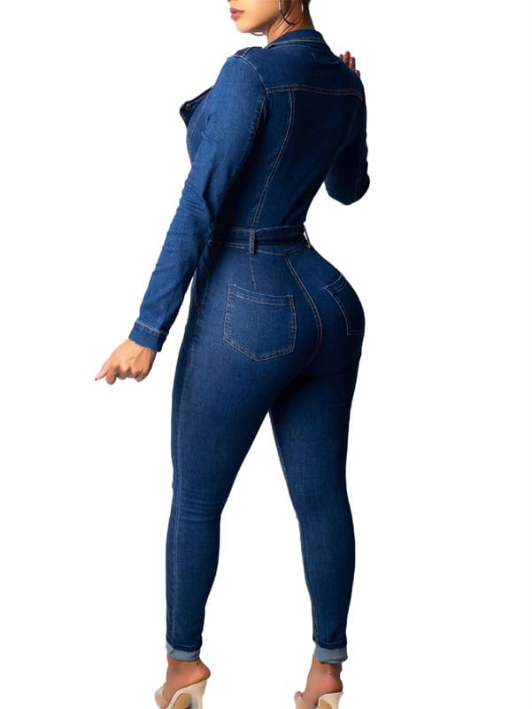 Andongnywell Women's Sexy Slim Fit Denim Jumpsuit with Long Sleeves & Pockets - Casual Outfit for Date Night, Party & Streetwear Fashion