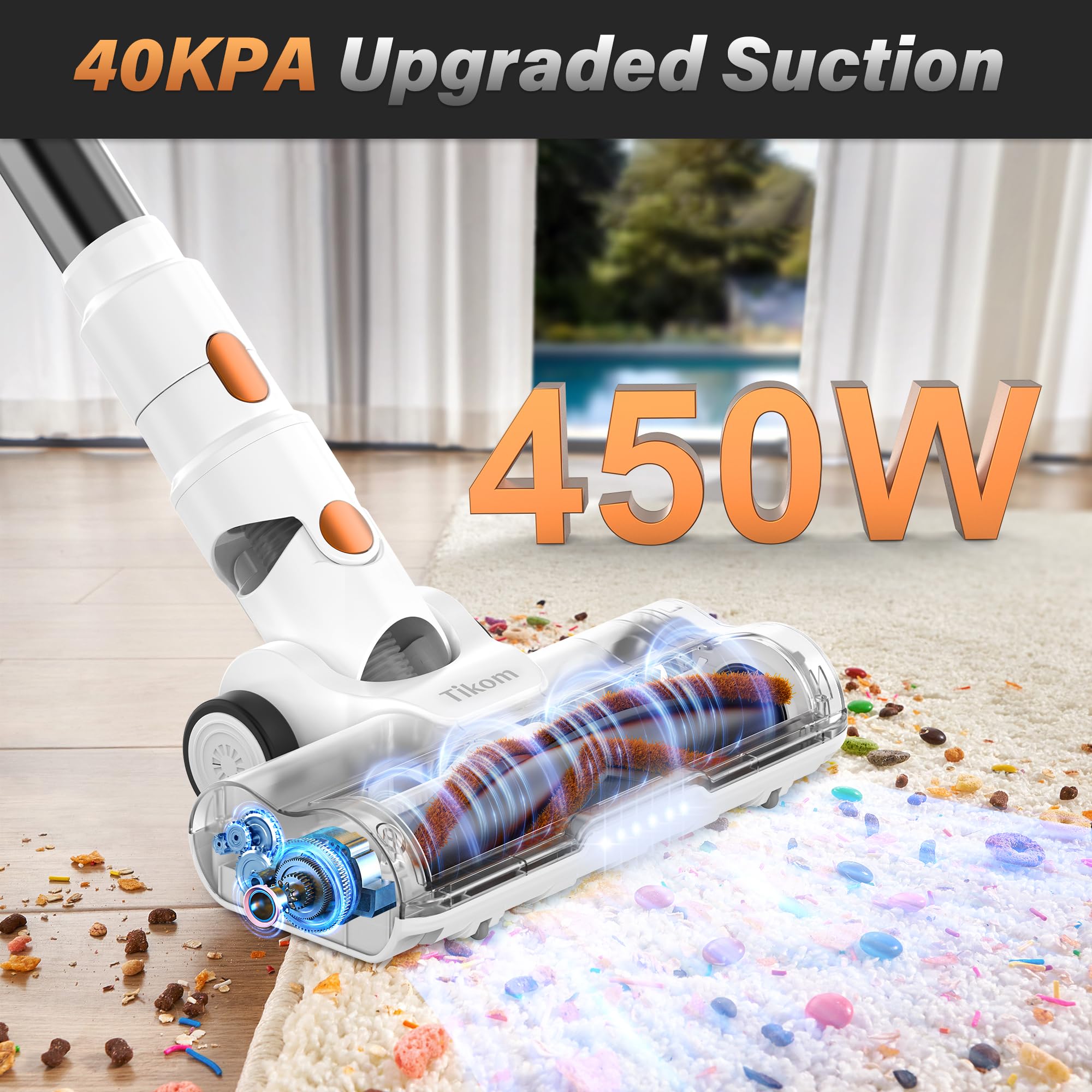 Tikom V500 Cordless Vacuum Cleaner - 40000Pa Powerful Suction, 450W Motor, LED Touch Screen, Wall Mount Charging Dock, Anti-Tangle Brush, Lightweight Handheld for Pet Hair, Hard Floors & Carpets - Perfect for Home Cleaning, Car Detailing & Pet Owners