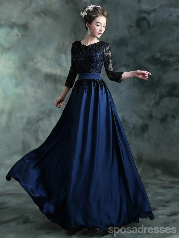 Elegant Navy Blue A-Line Jewel Neckline 3/4 Sleeve Long Prom Dress 12642 | Formal Evening Gown for Homecoming, Ball & Special Occasions