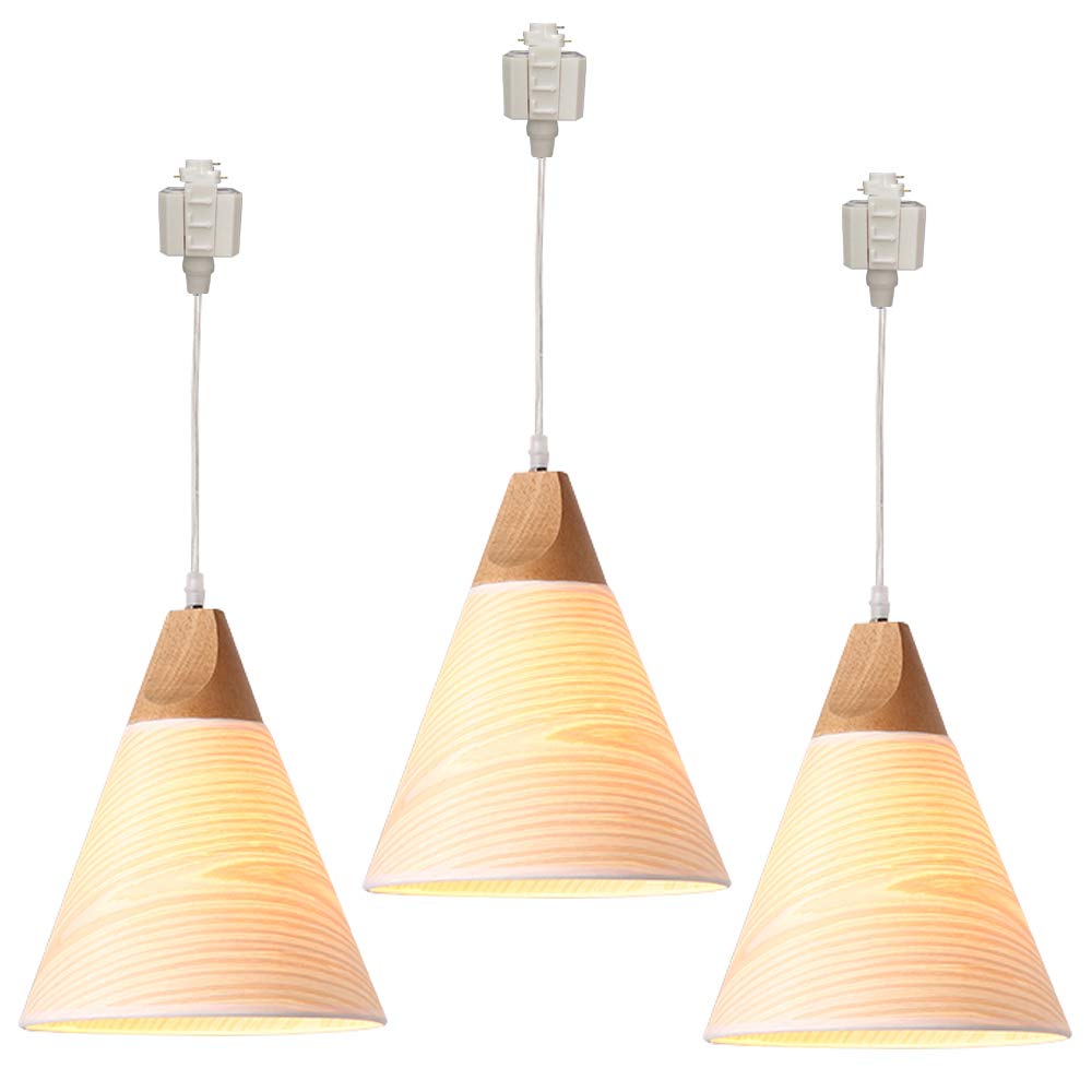 Wooden H-Type Track Pendant Light - 3.2ft Cord with Wide Cone Shade in Macaron White | Customizable 3-Light Kitchen Lighting Set for Modern Dining Room & Island Decor
