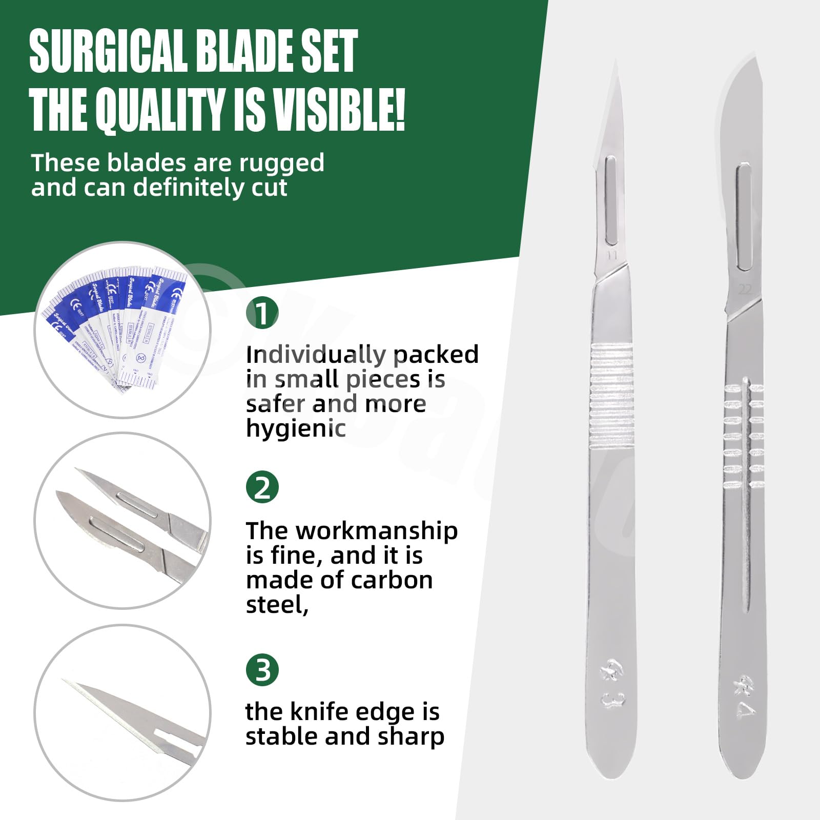 Keadic 44Pcs Surgical Scalpel Blades Set - #10 #11 #15 #22 Sterile High Carbon Steel Lab Knives with 2 Handles for Cutting, Sculpting, Callus Removal - Ideal for Medical Practice, Laboratory & DIY Crafts