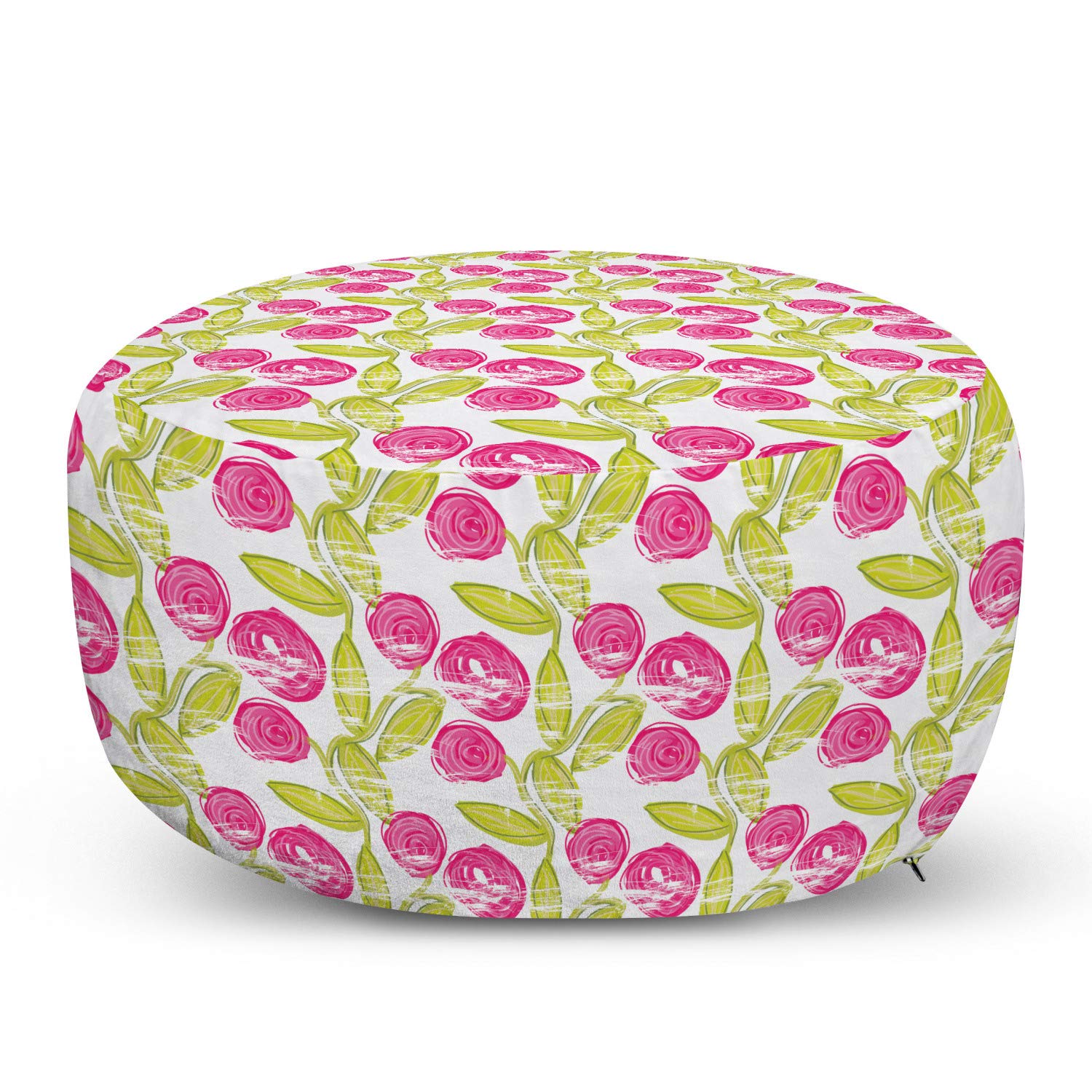 Ambesonne Floral Ottoman Pouf - Hand-Painted Rose & Leaf Design, Soft Foot Rest with Removable Cover for Living Room & Bedroom - Hot Pink & Avocado Green | Perfect for Home Decor, Reading Nook & Lounge Areas