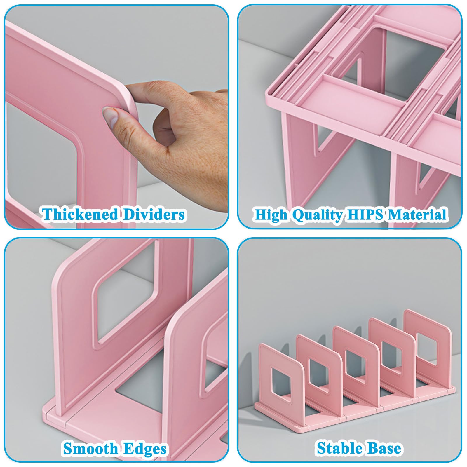 SAYEEC Vertical Desktop File Organizer - 4-Section Adjustable Plastic Book Holder, Shelf Dividers for Desk, Closet, or Office - Perfect for Mail, Magazines, Binders, Purses & Handbags (Pink) | Home & Office Organization Solution
