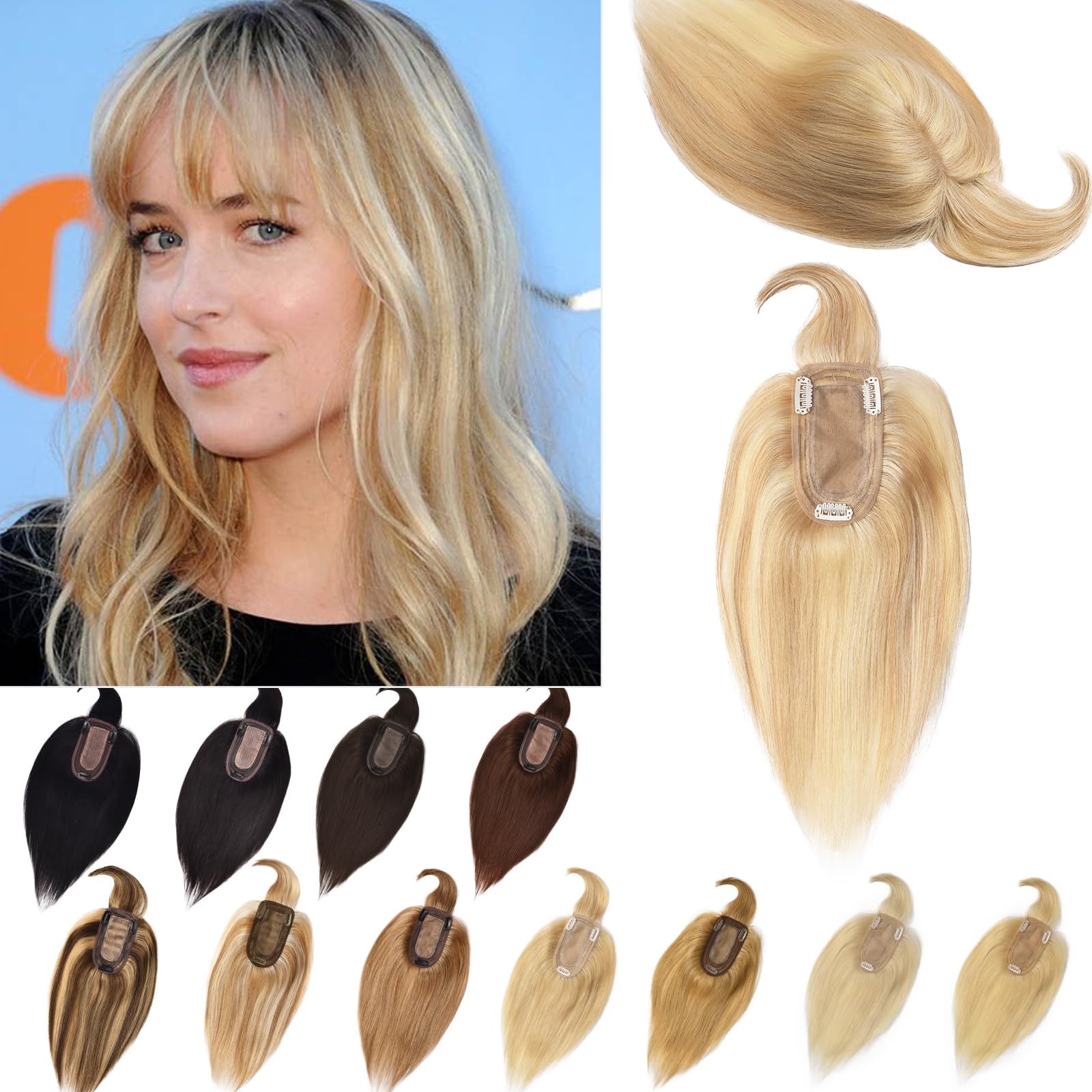 18 Inch Real Human Hair Toppers for Women with Thinning Hair - Silk Base Clip-in Hair Topper with Bangs for Hair Loss & Grey Hair (Ash Blonde Mix Bleach Blonde) | Perfect for Daily Wear, Special Occasions & Confidence Boosting
