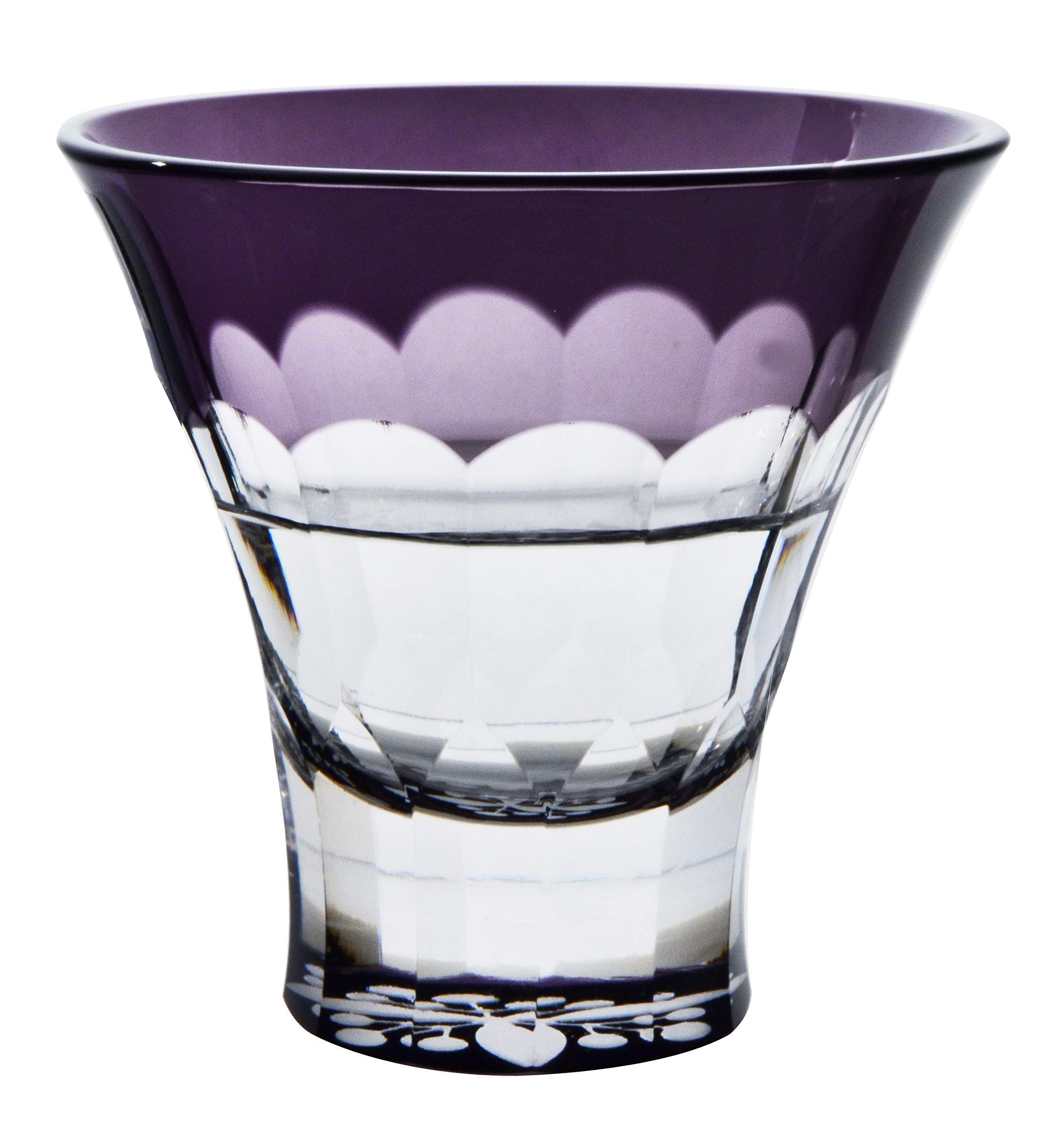 Premium Japanese Yachiyo Kiriko Sake Glass Set - 2.8 fl oz (85 ml) Handcrafted Purple Nanten Pattern Cups - Authentic Toyo Sasaki LS19759SP-C694-S4 - Perfect for Cold Sake Tasting, Japanese Dining & Gift Giving