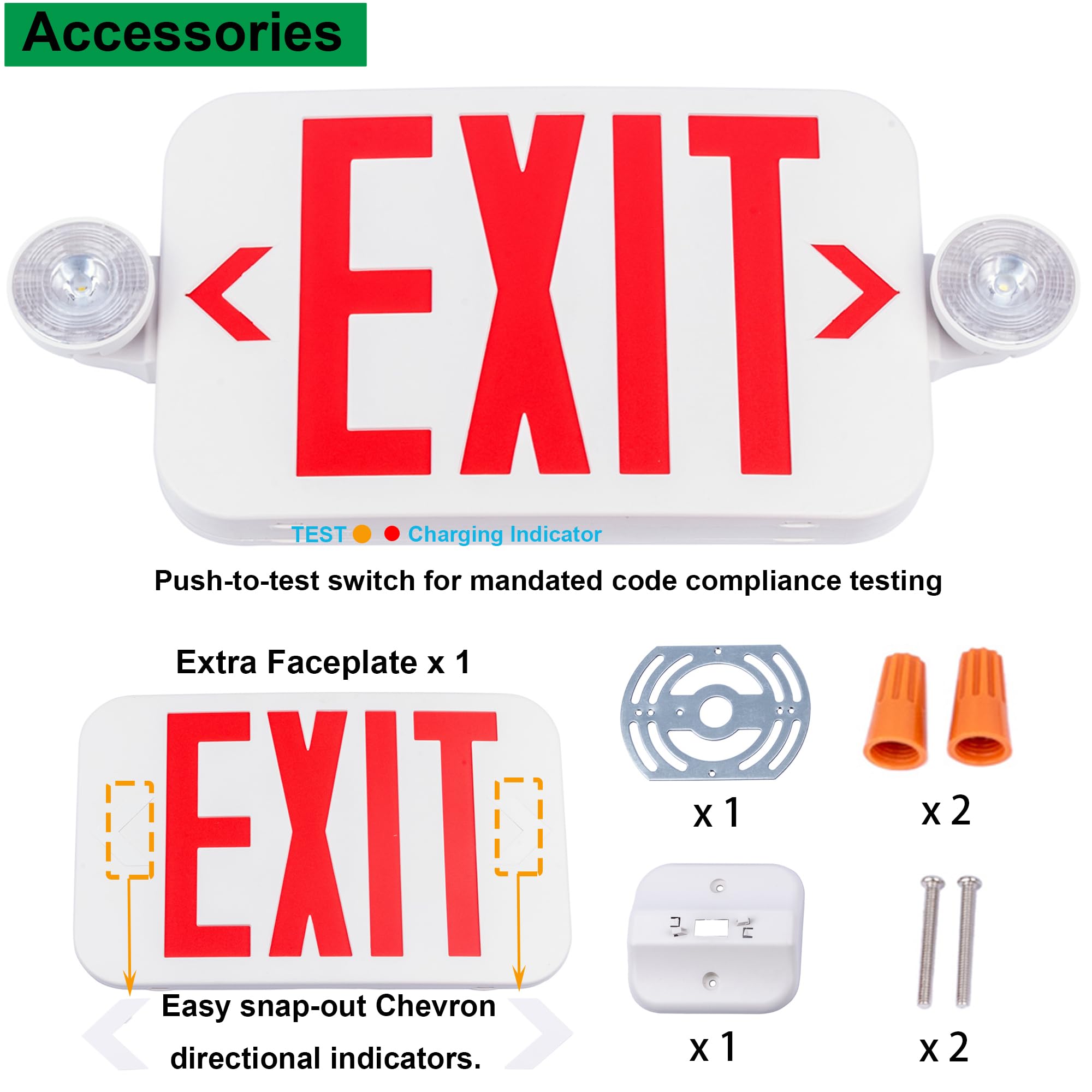 LIT-PaTH LED Combo EXIT Sign with 2 Adjustable Head Lights & Double Face - UL 924 Certified Emergency Exit Lighting with Backup Batteries (120-277V, 4-Pack) - Ideal for Commercial Buildings, Warehouses, and Public Safety Areas