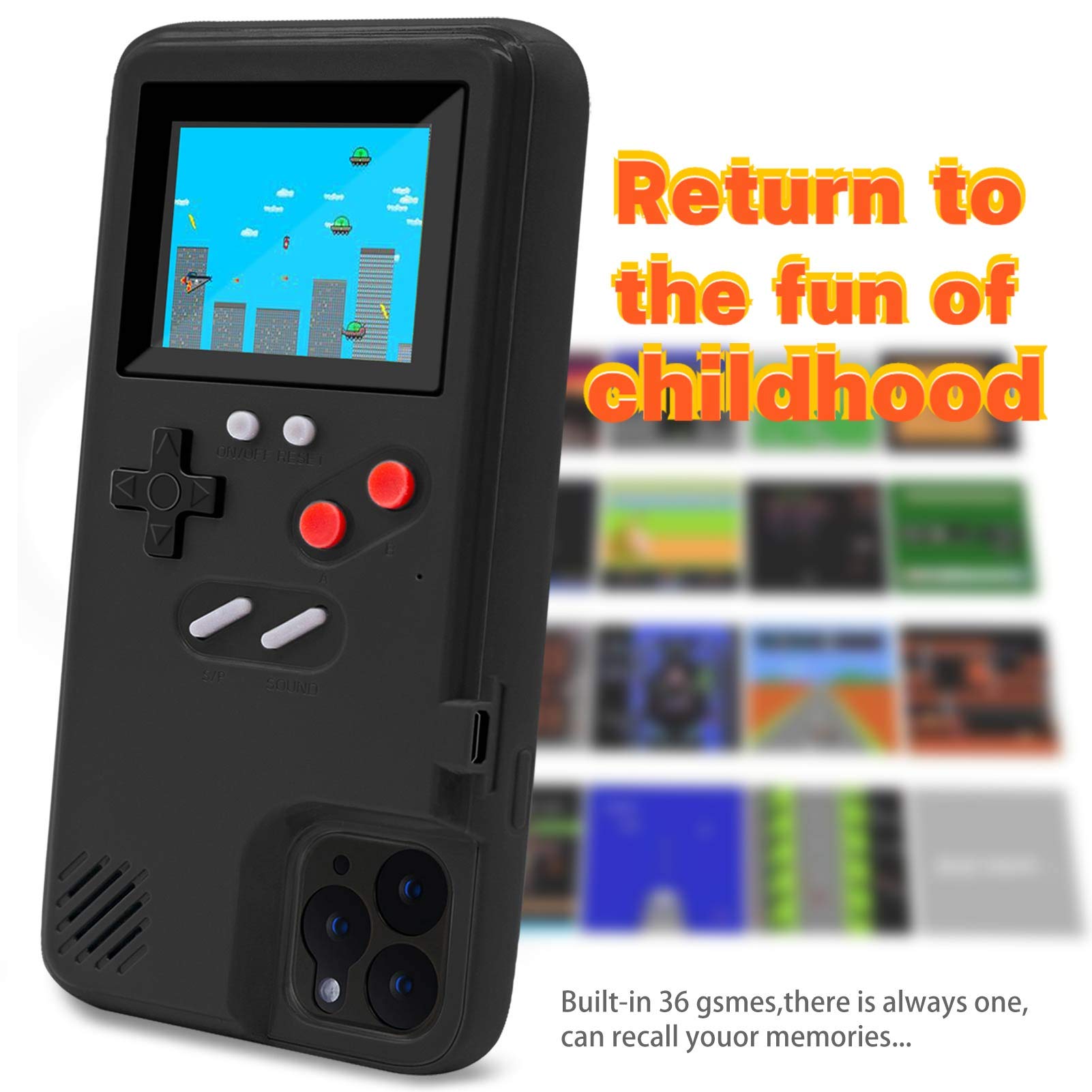 LucBuy Retro Game Console Case for iPhone 12 Pro Max - Self-Powered Protective Cover with 36 Classic Games, Full Color Display & Shockproof Bumper (Black) - Perfect for Gaming On-The-Go & Travel Entertainment