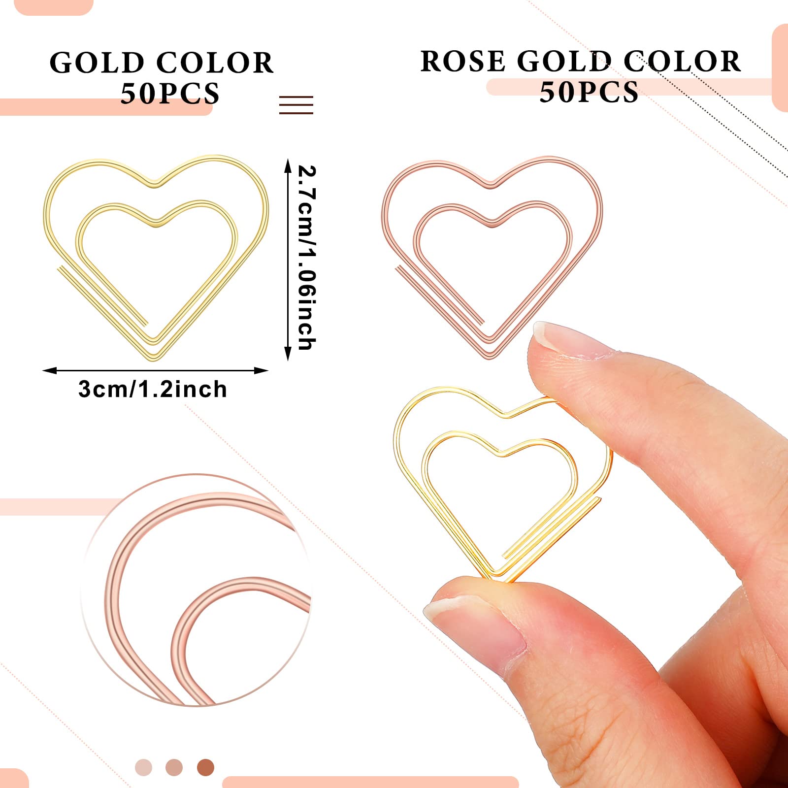 100 Pieces Heart-Shaped Paper Clips - Gold & Rose Gold Metal Office Supplies with Clear Storage Box | Perfect for Journaling, Document Organization, School & Office Use