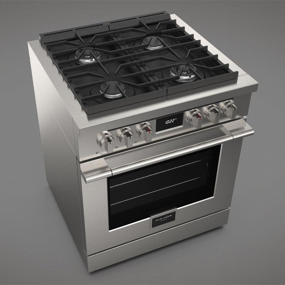 Fulgor Milano 30-inch 400 Series Accento Dual Fuel Range - Stainless Steel (F4PDF304S1) | Professional Gas & Electric Stove for Modern Kitchens