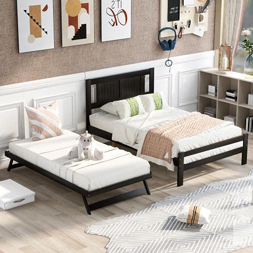 Full Size Adjustable Trundle Bed Frame with Headboard - Convertible to 2 Beds, Solid Wood Platform Bed in Espresso Finish for Bedroom, Living Room or Guest Room - Space Saving Sleep Solution for Small Homes & Apartments