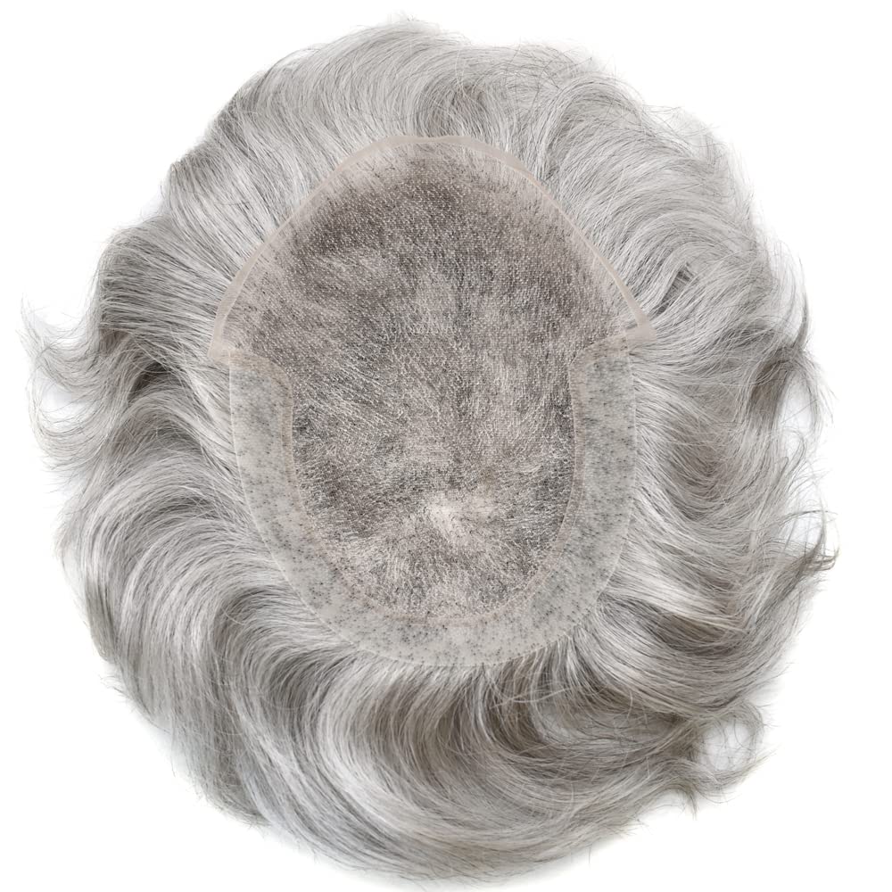 Men's Swiss Lace Toupee - 100% Human Hair Replacement System with PU Bleached Knots & Natural Hairline | 8''x10'' Light Medium Density Wig in 1B80# Natural Black with 80% Gray | Perfect for Hair Loss Solutions, Daily Wear & Special Occasions - SINGA HAIR