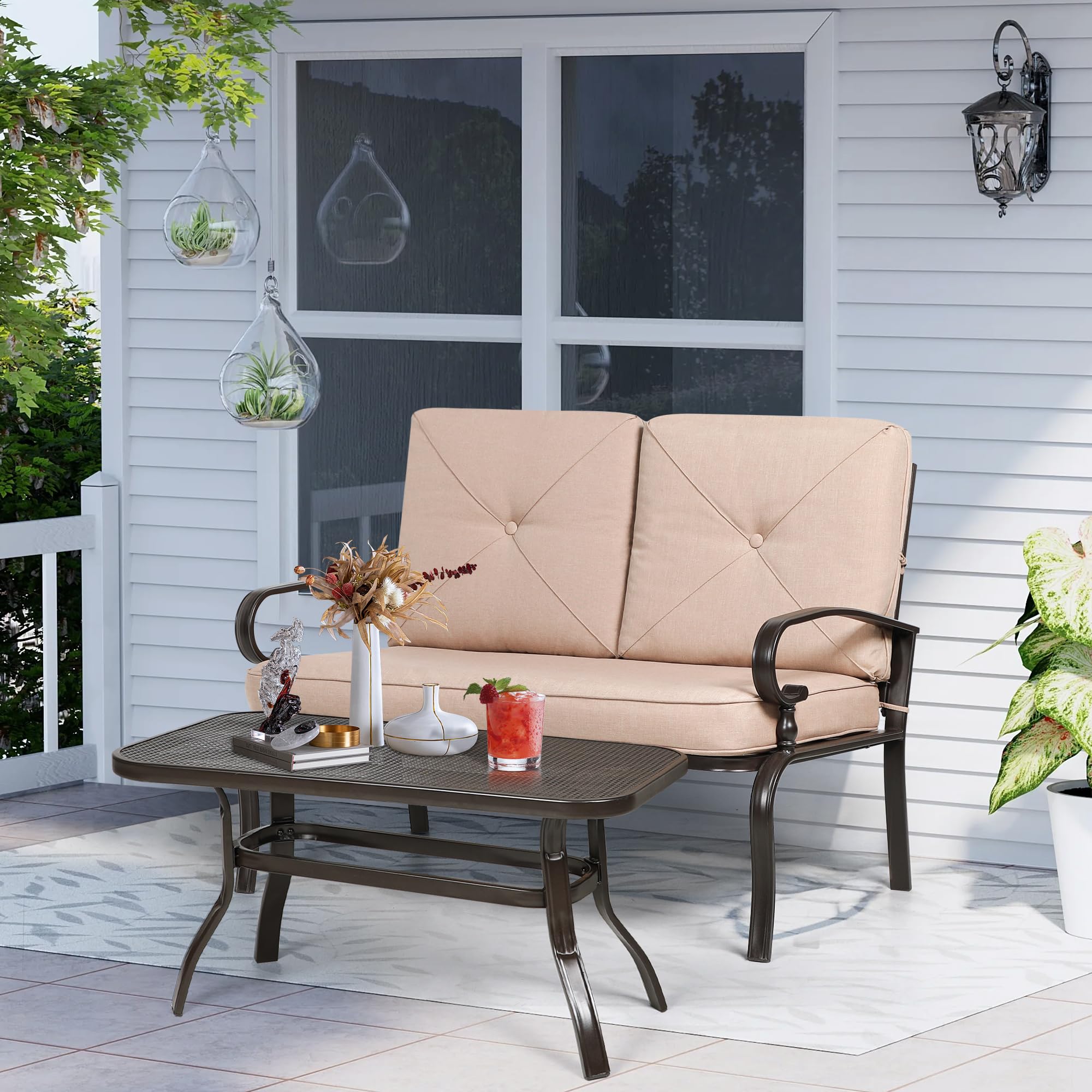 Incbruce 2-Piece Outdoor Patio Loveseat Set with Coffee Table & Cushion - Wrought Iron Metal Frame Garden Bench for Porch, Poolside, Backyard - Weather-Resistant Brown Patio Furniture (Perfect for Relaxing, Entertaining Guests & Outdoor Dining)