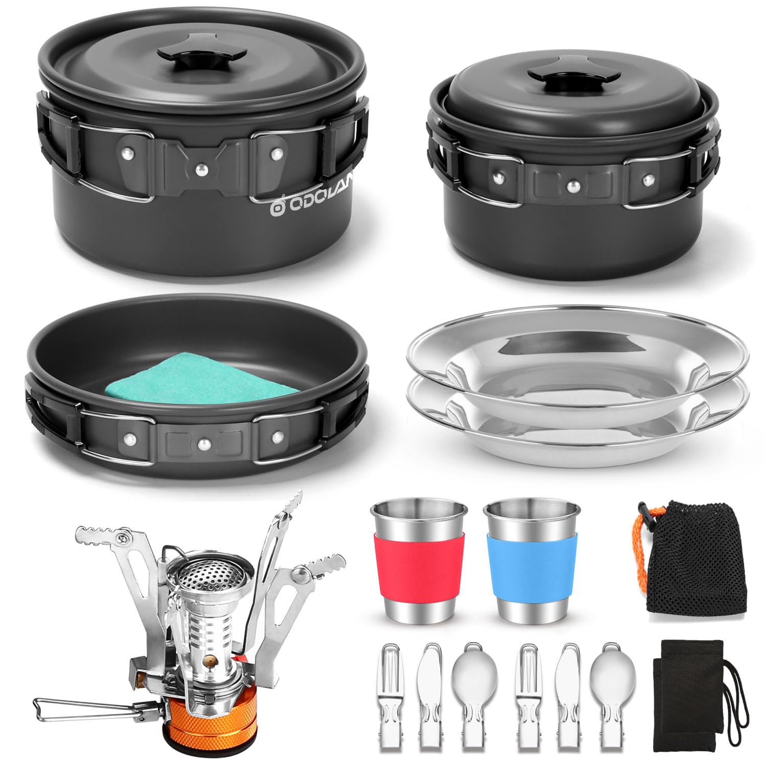 Odoland 16-Piece Camping Cookware Set with Folding Stove - Nonstick Lightweight Pots, Pans & Stainless Steel Utensils for Backpacking, Hiking & Outdoor Adventures - Perfect for Campfire Cooking, Picnics & Emergency Preparedness