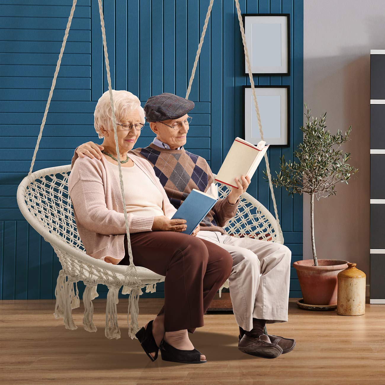 Sorbus Macrame Hanging Hammock Chair Swing - Double Swing Bench for Indoor & Outdoor Use - Perfect for Bedroom, Patio, Garden, Deck & Backyard - Cozy Boho Floating Seat for Relaxation & Reading